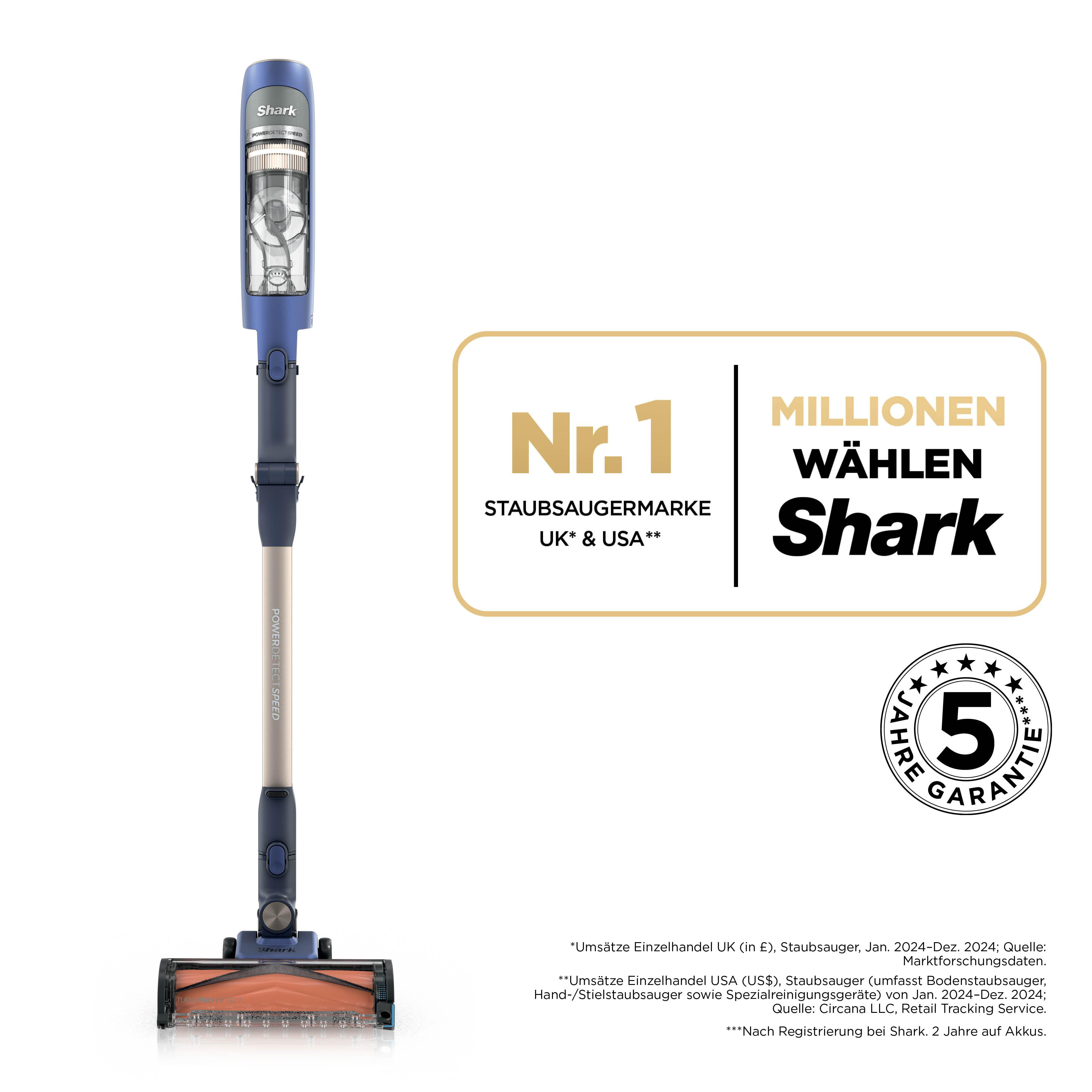 Ein blauer Shark-Staubsauger mit orangefarbenem Bürstenkopf und Garantie-Siegel.