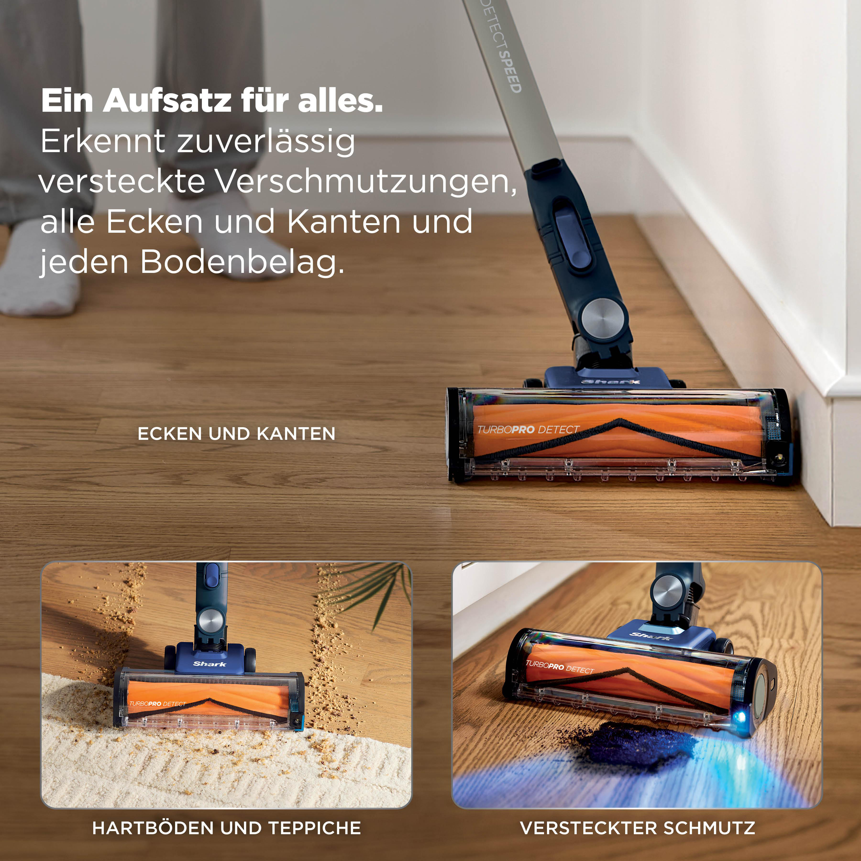 Vier Szenen zeigen einen Staubsaugeraufsatz auf Holz und Teppich.
