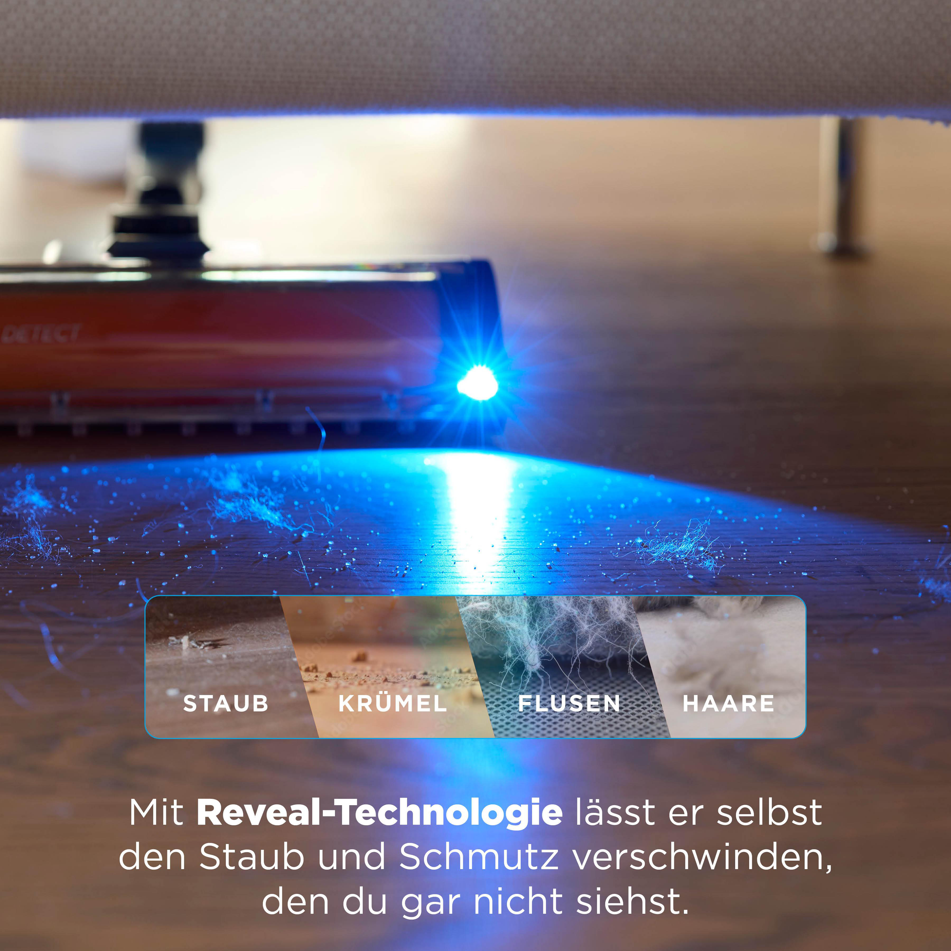Staubsauger mit blauer LED beleuchtet Staub, Krümel, Flusen und Haare.