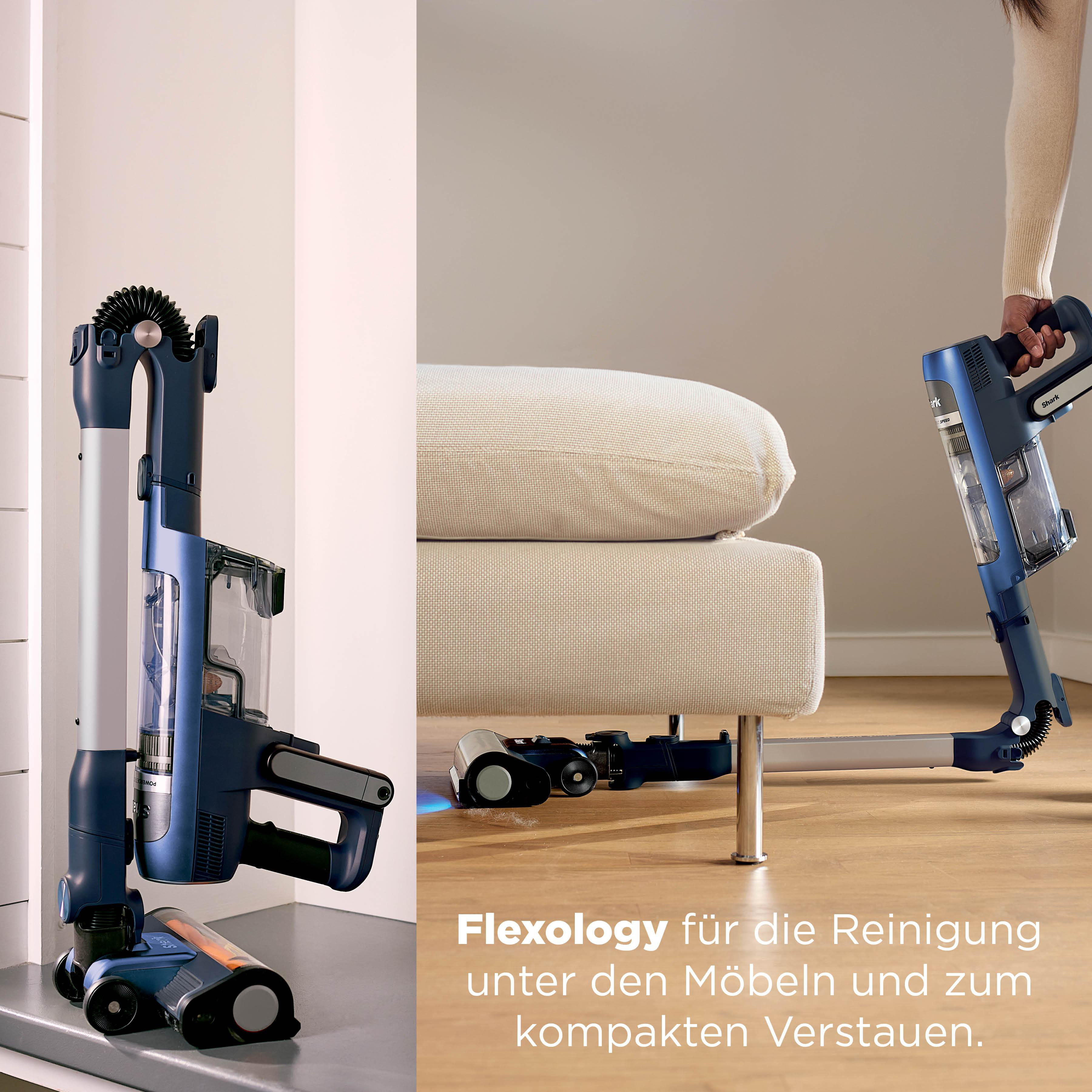 Blauer Shark-Staubsauger reinigt unter Möbeln. Flexology für Reinigung & Verstauen.