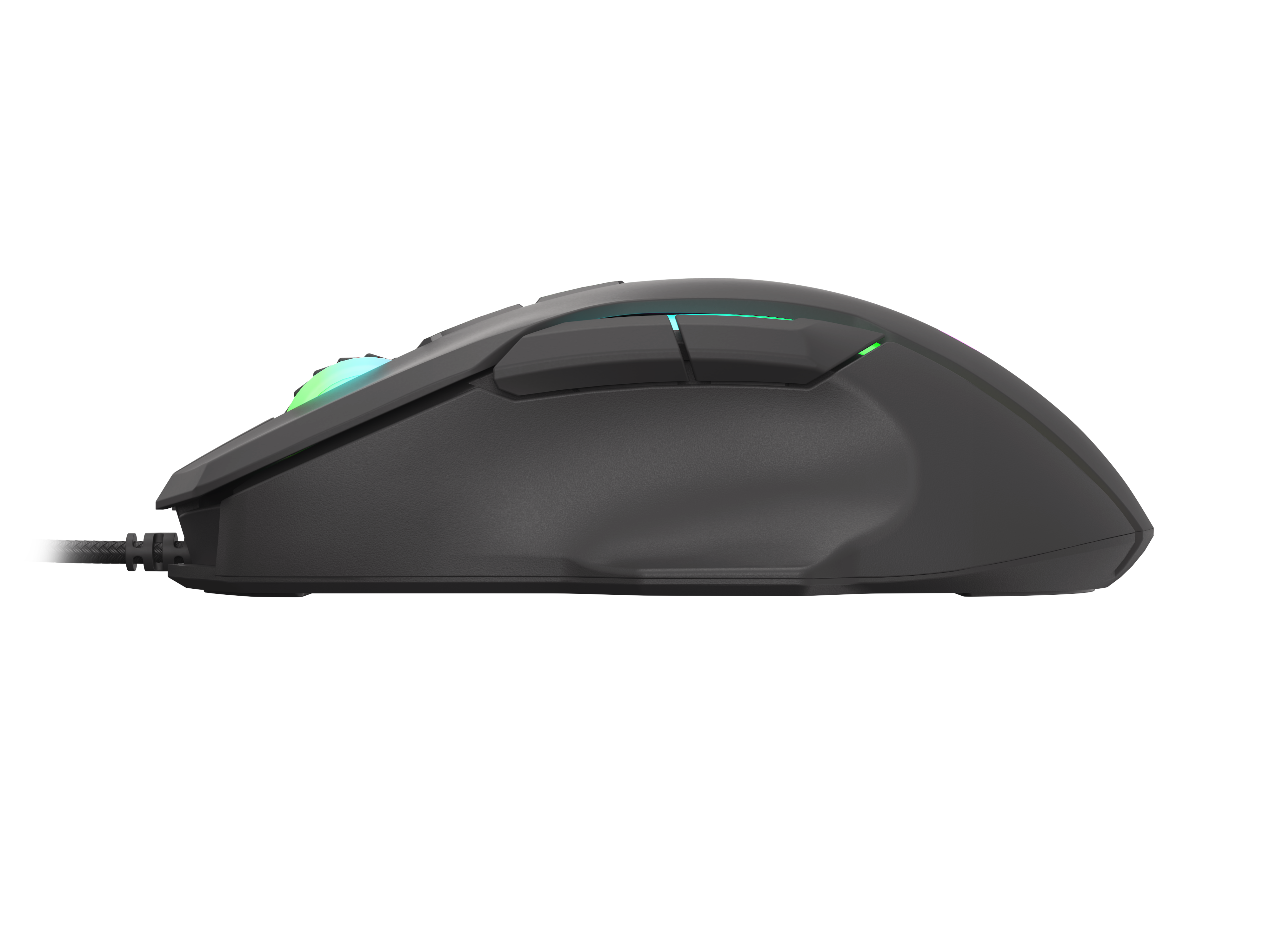 Szara mysz komputerowa z podświetleniem RGB, widziana z boku.