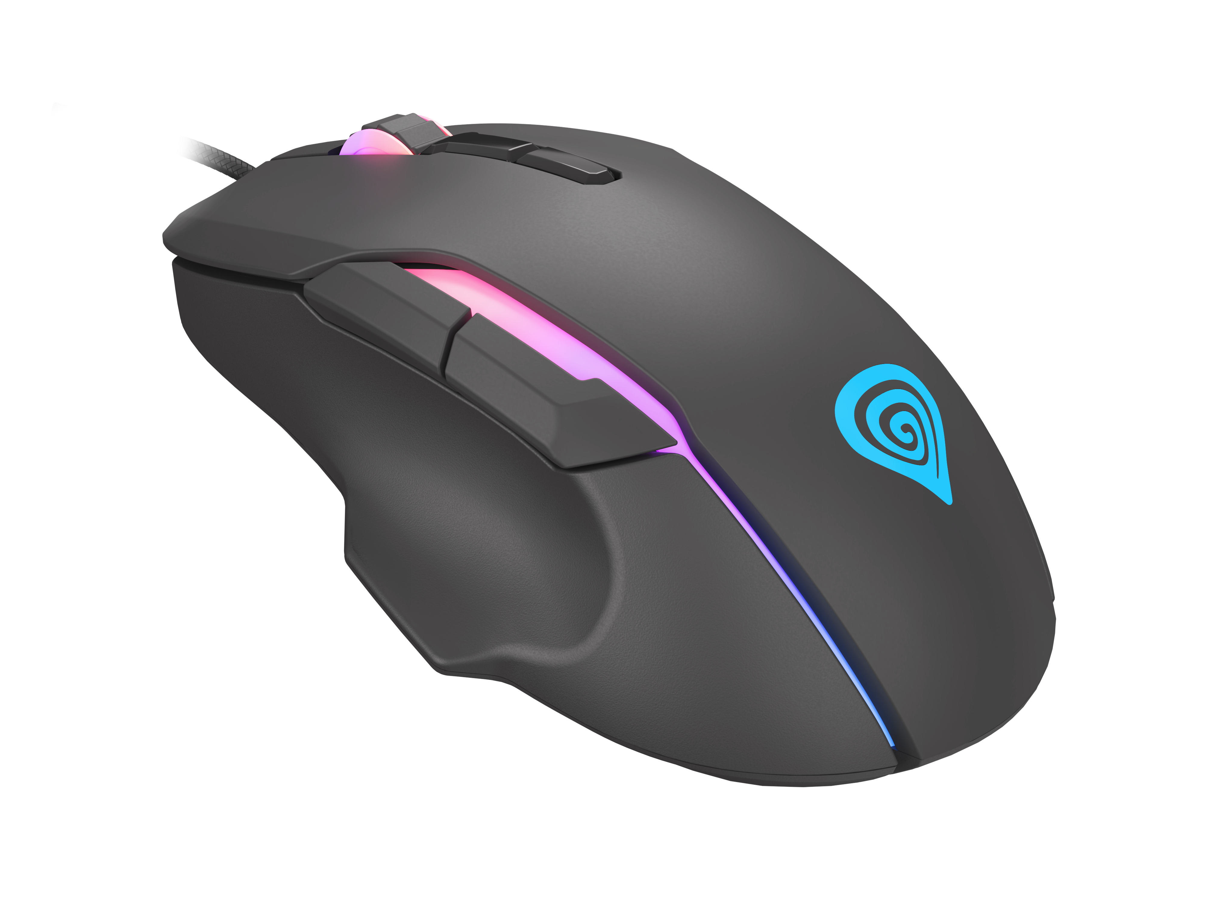 Szara mysz gamingowa z podświetleniem RGB i niebieskim logo na czarnym tle.