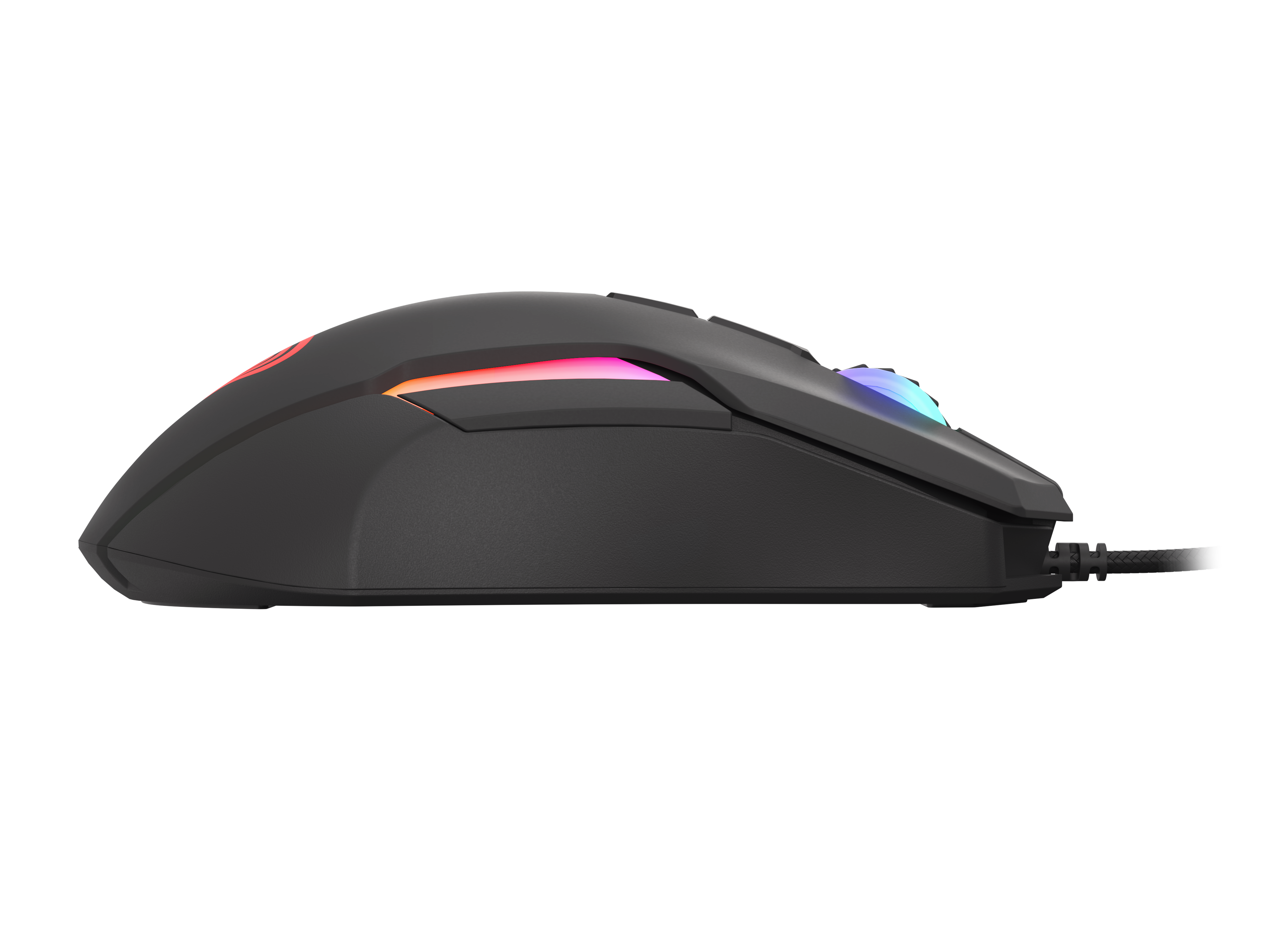 Czarna mysz gamingowa z podświetleniem RGB i kablem.