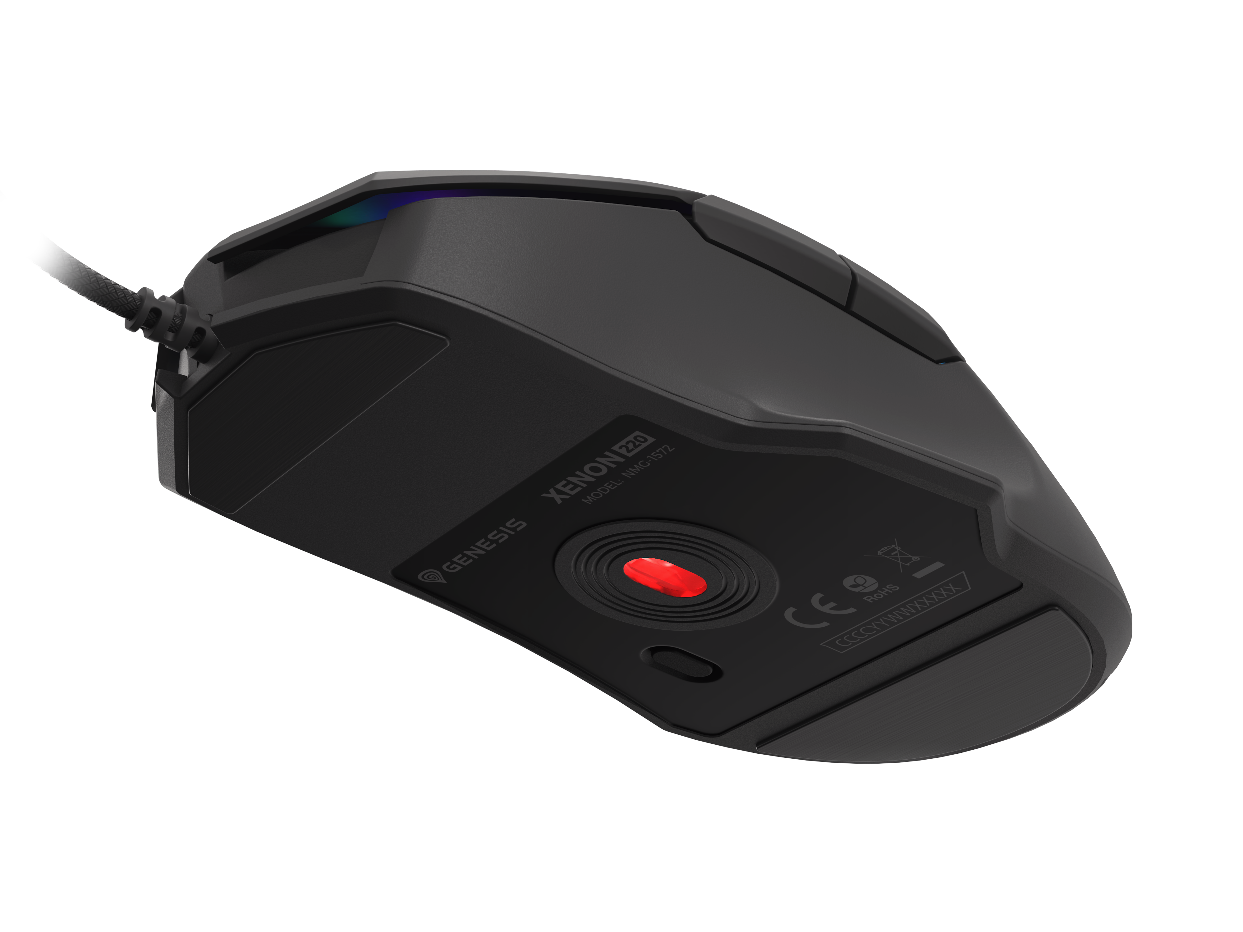 Czarna mysz z czerwonym sensorem optycznym i oświetleniem RGB. Marka: Genesis.