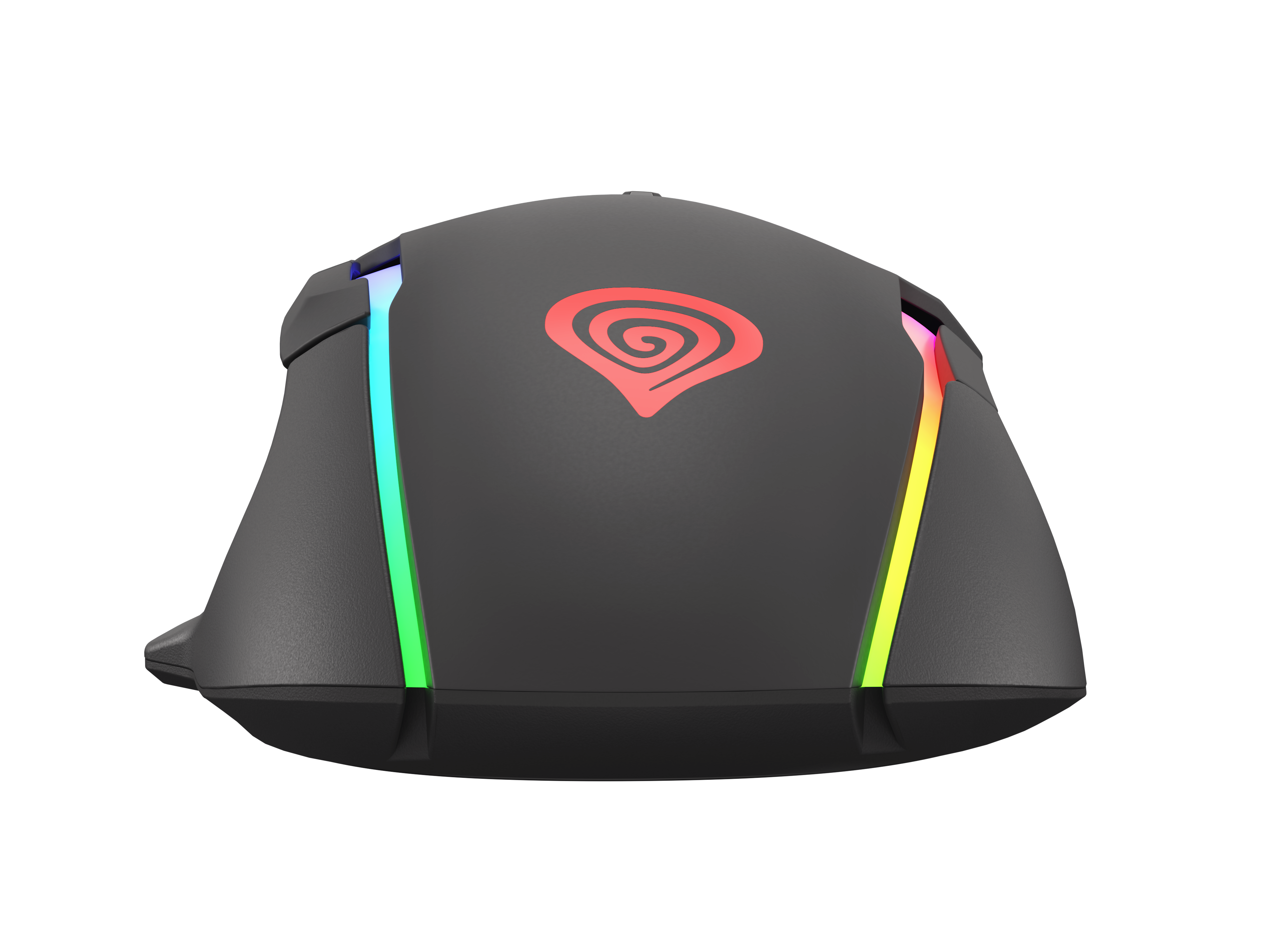 Czarna mysz gamingowa z czerwonym logo i kolorowymi paskami LED.