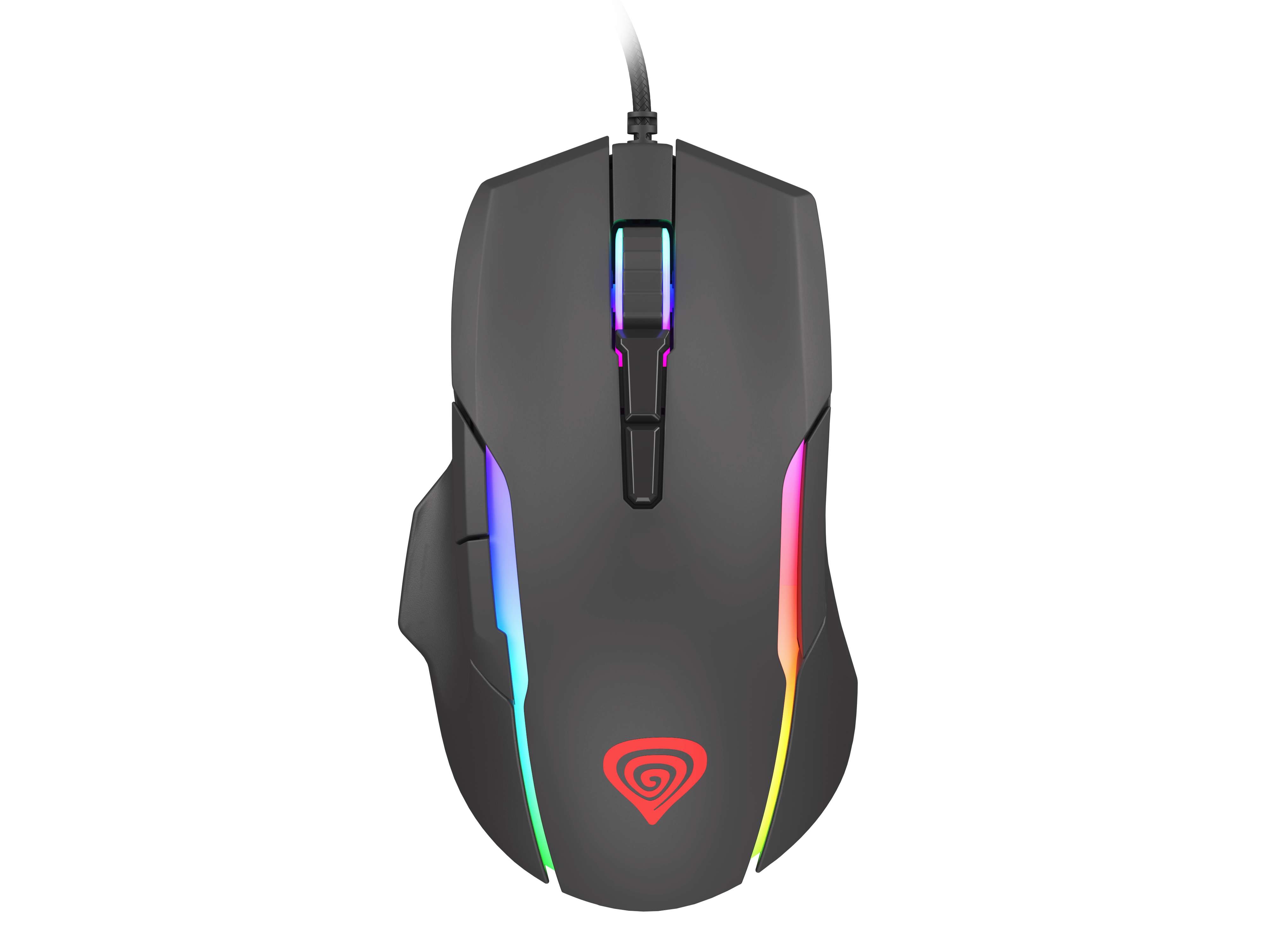 Szara mysz gamingowa z podświetleniem RGB na czarnym tle.