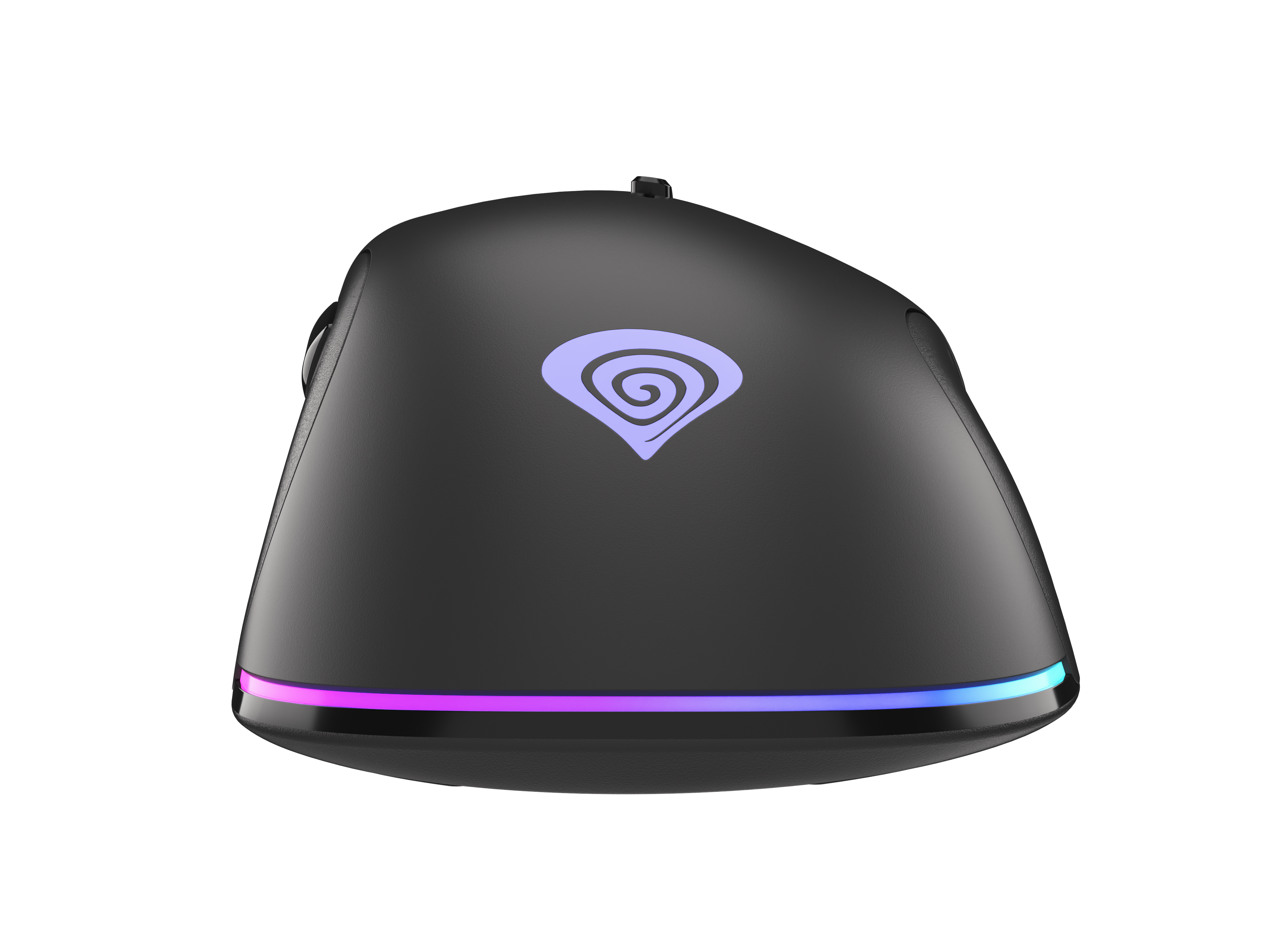 Czarna mysz z podświetlanym logo i paskiem RGB na czarnym tle.