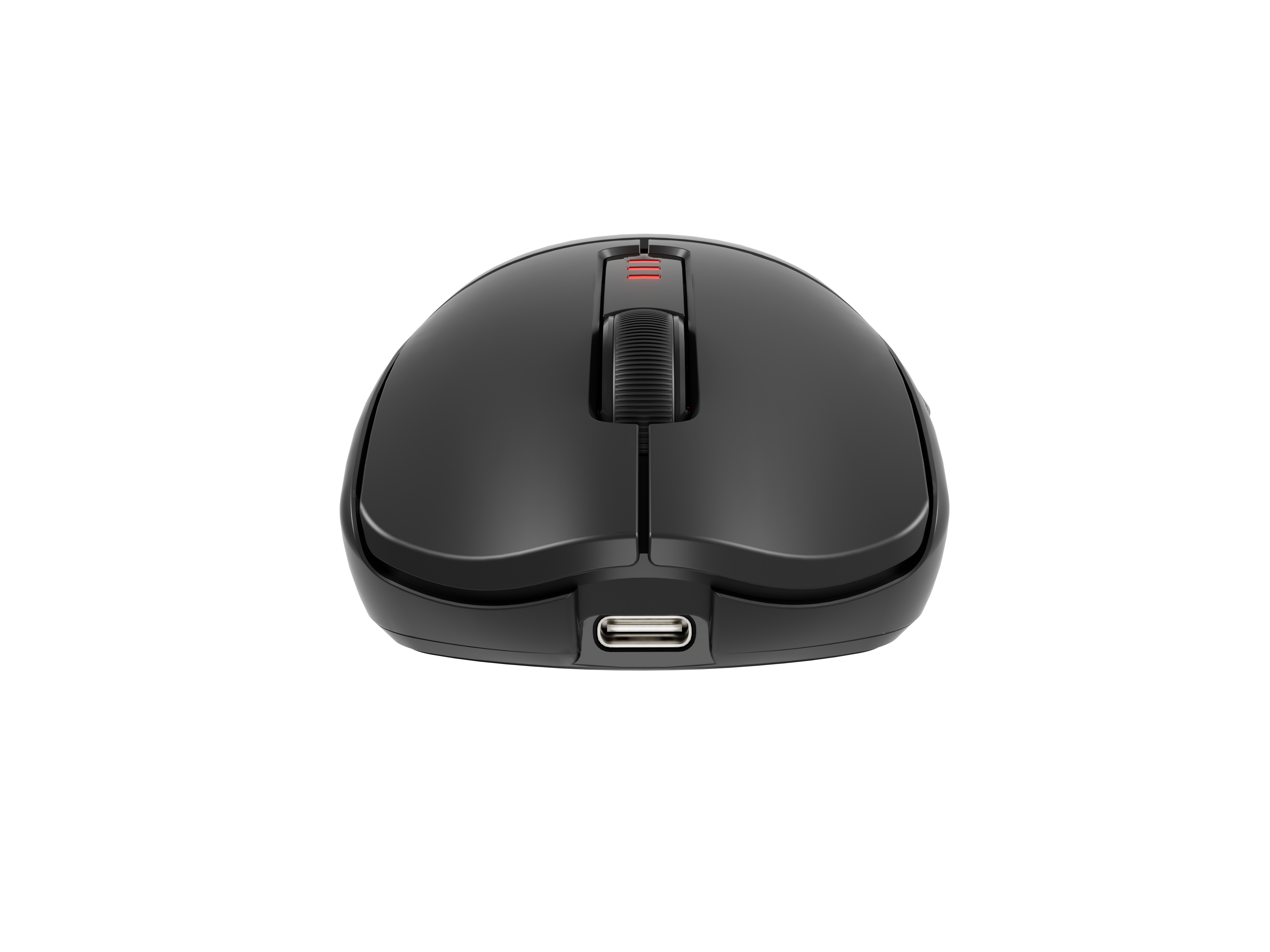 Czarna mysz komputerowa z kółkiem przewijania i czerwonymi światłami, port USB-C.