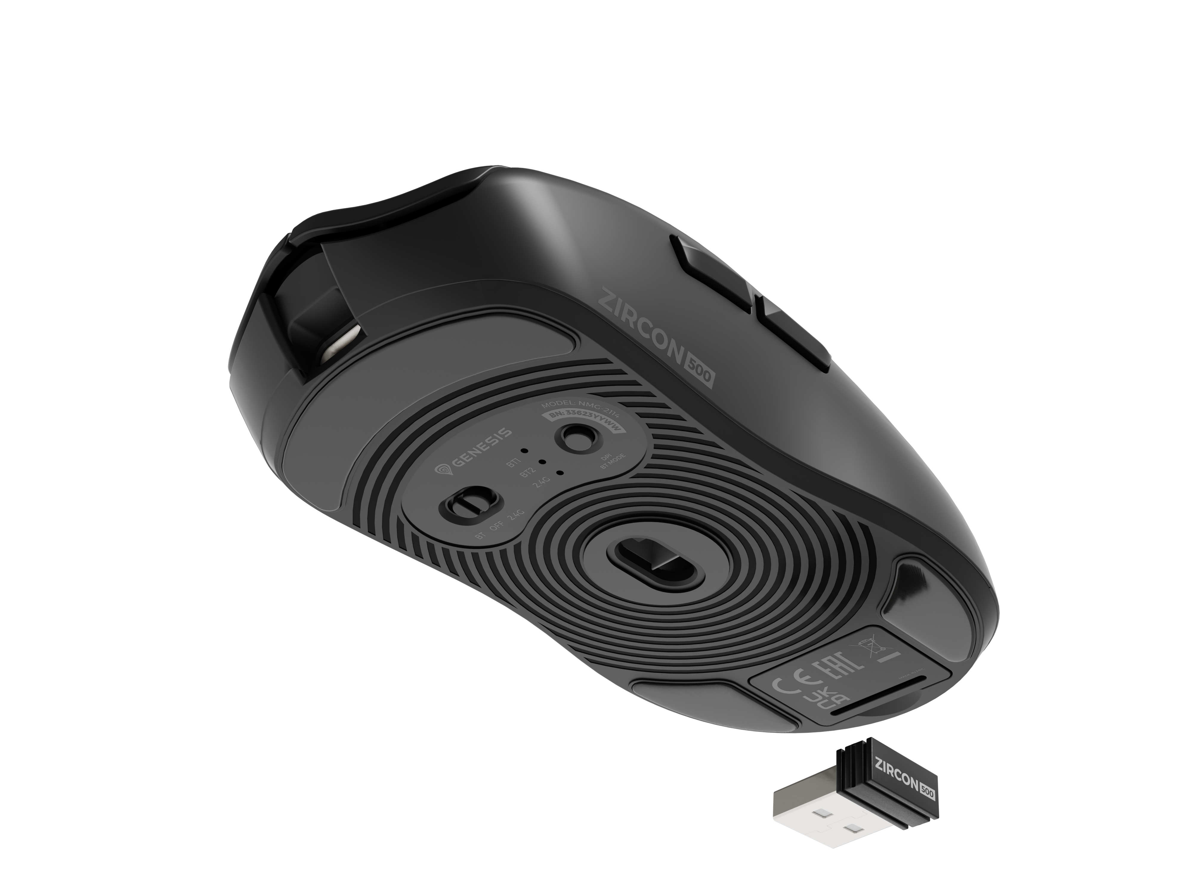 Czarna mysz Genesis Zircon 500 i pendrive USB na czarnym tle.
