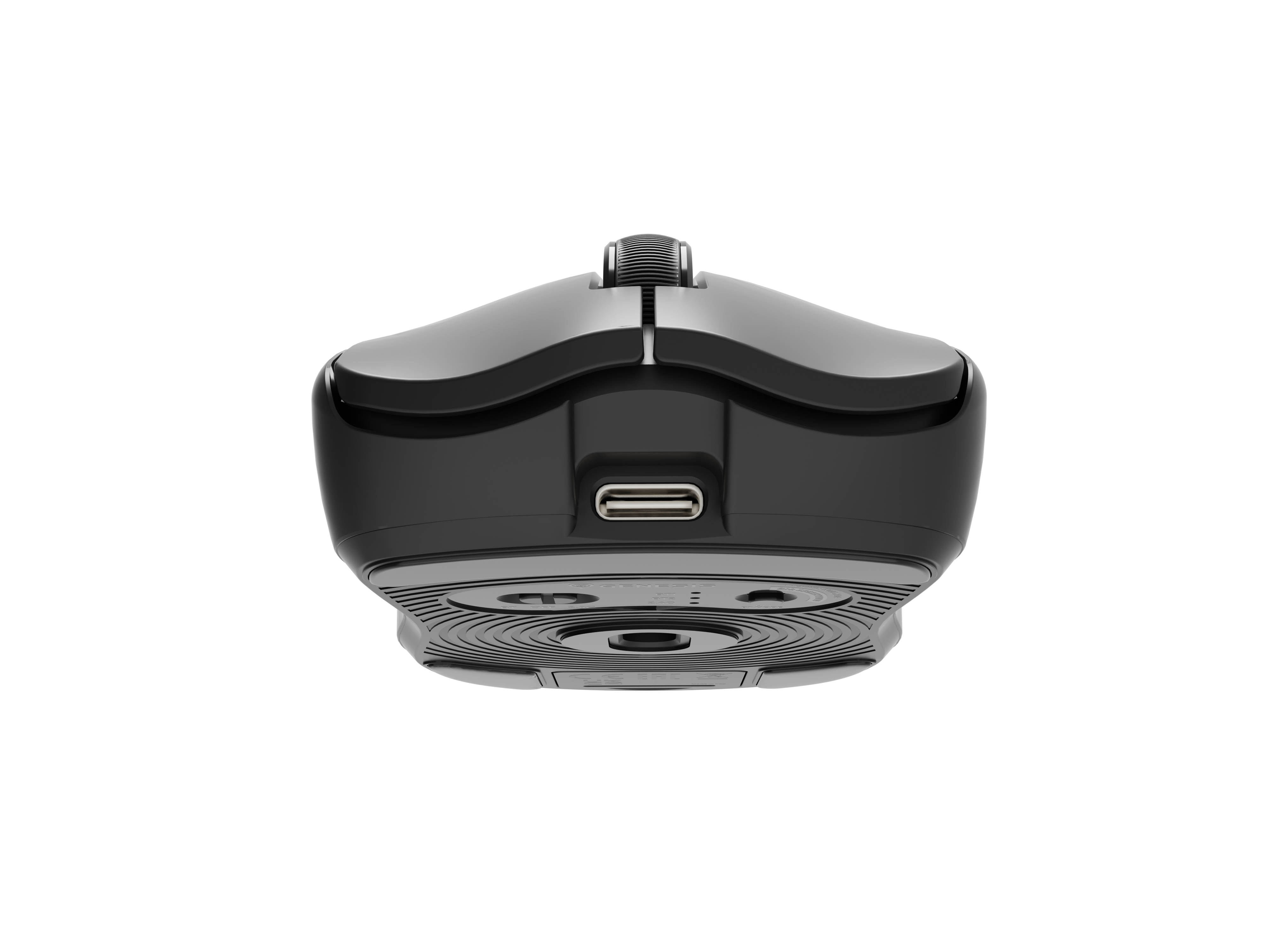 Czarna mysz komputerowa z portem USB-C i karbowanym kółkiem przewijania.
