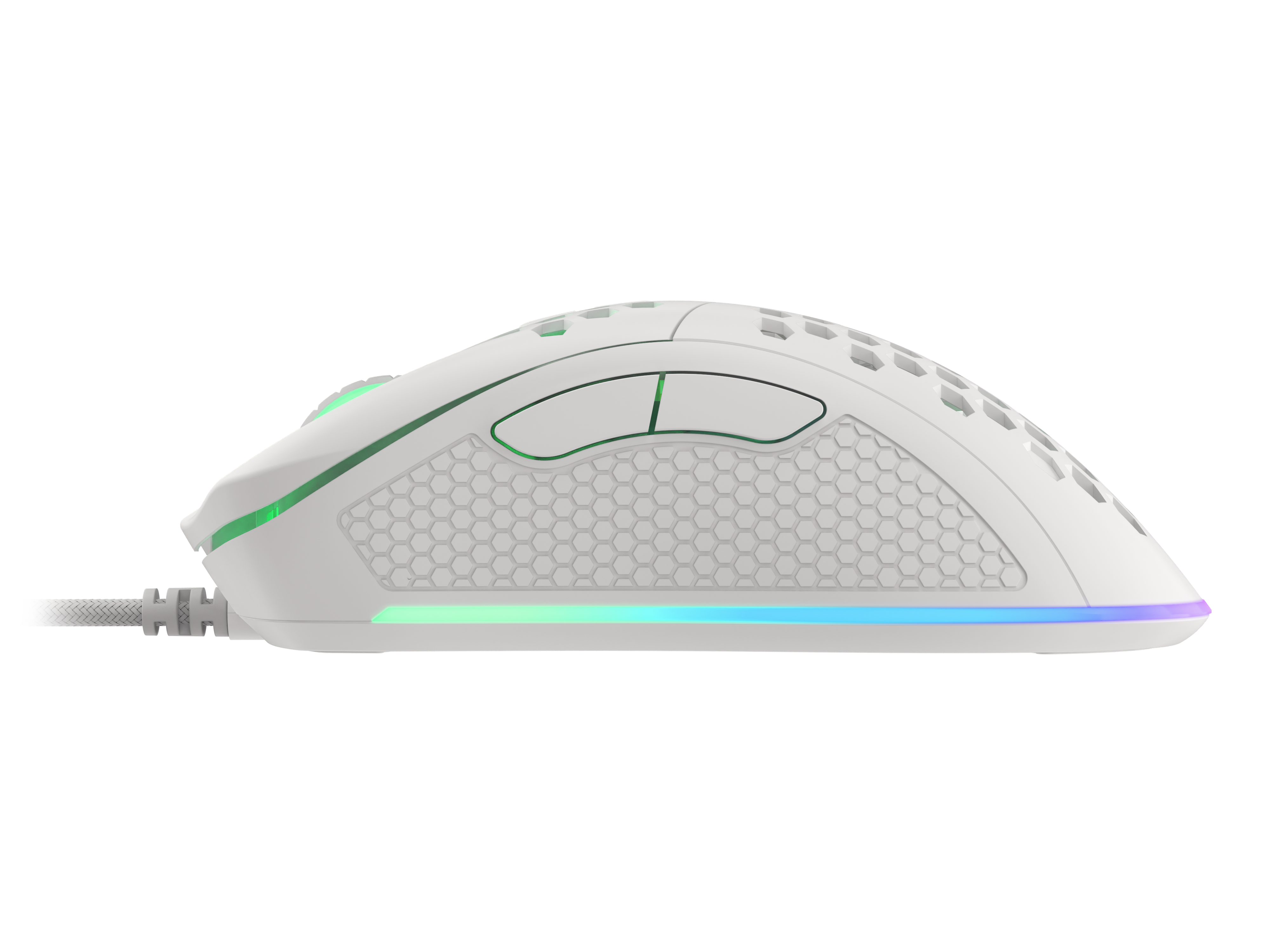Biała mysz gamingowa z podświetleniem RGB, widziana z boku.