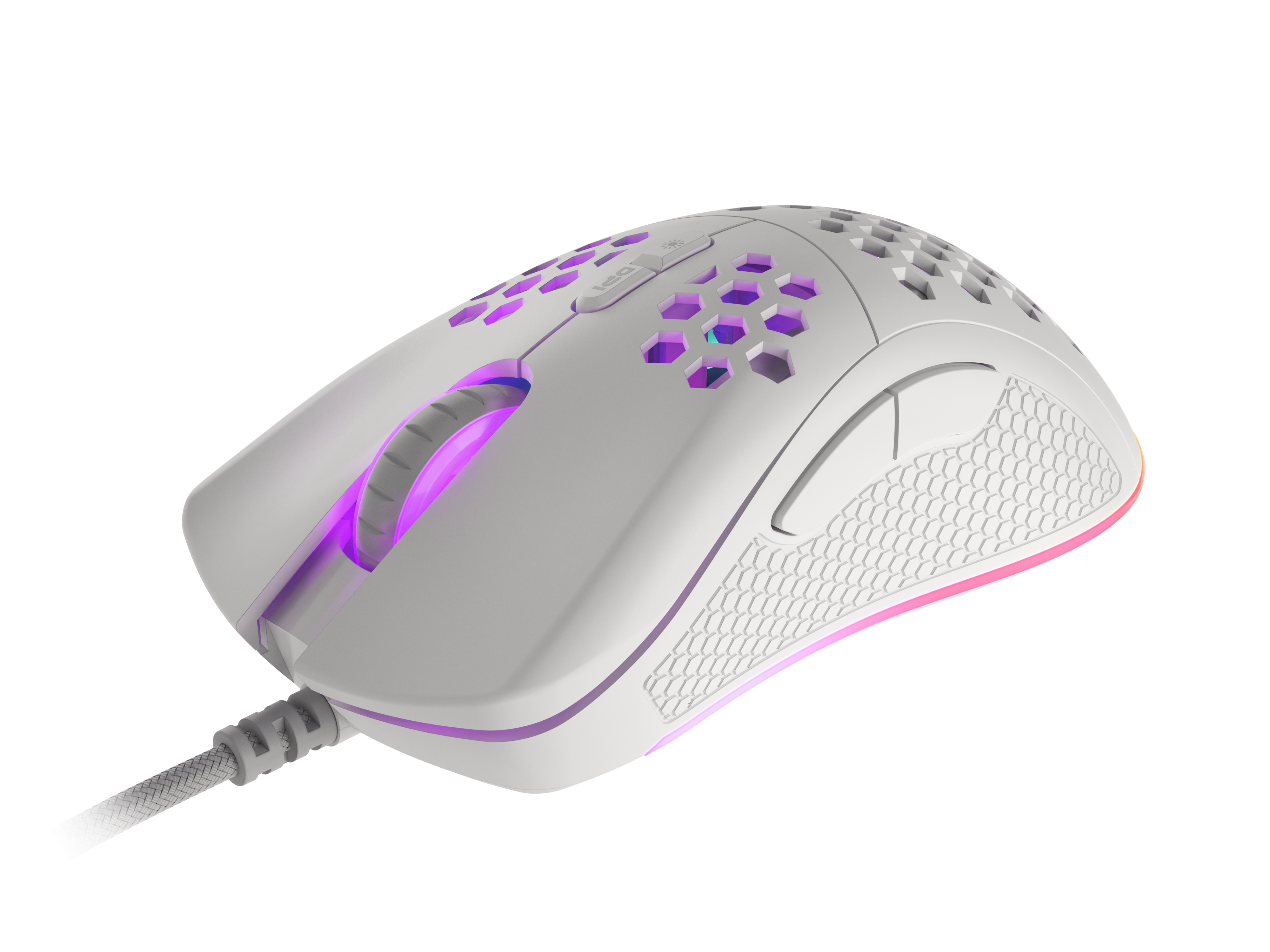Biała mysz gamingowa z oświetleniem RGB i wzorem plastra miodu.