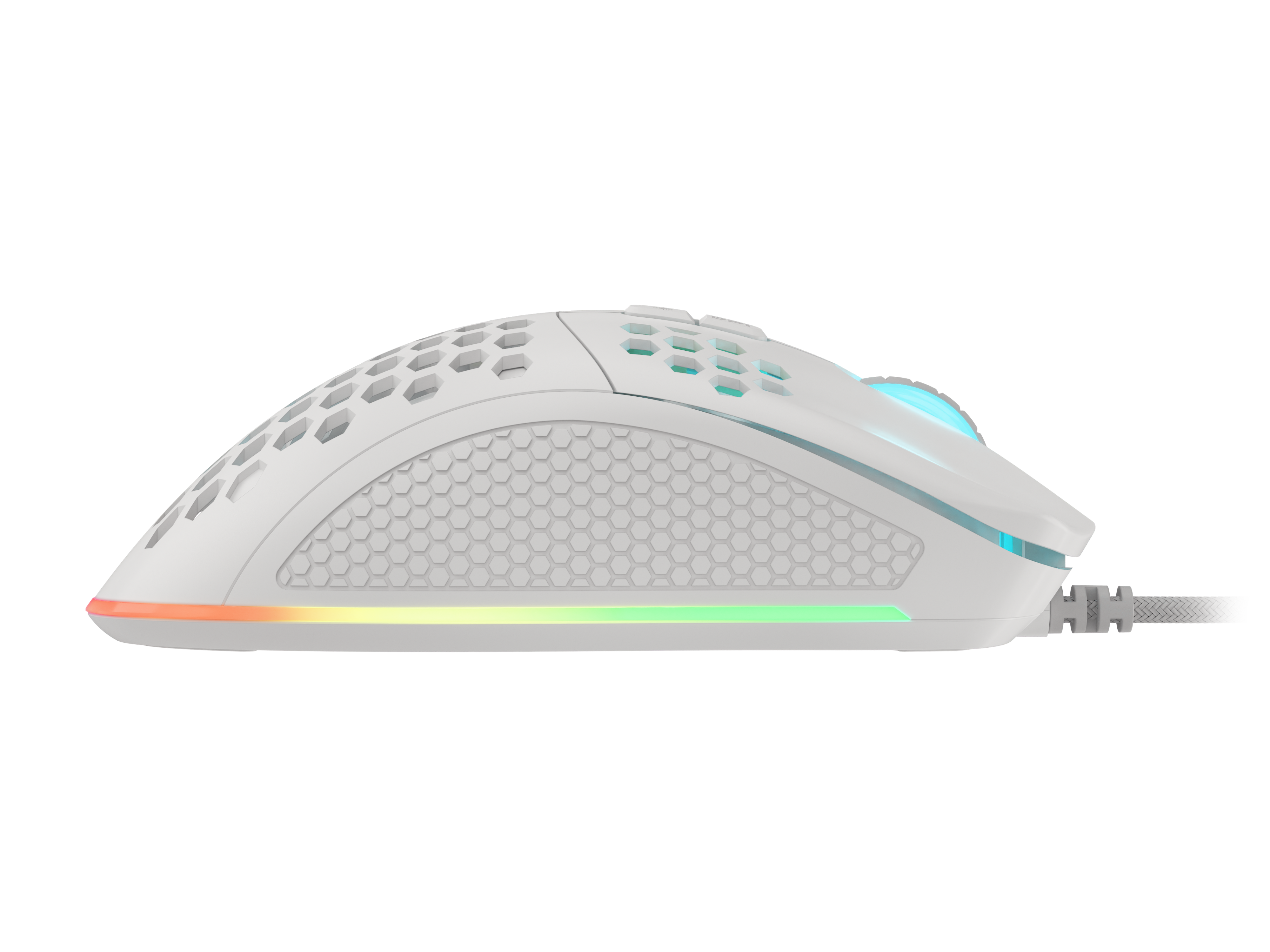 Biała mysz gamingowa z plastrem miodu i oświetleniem RGB na czarnym tle.