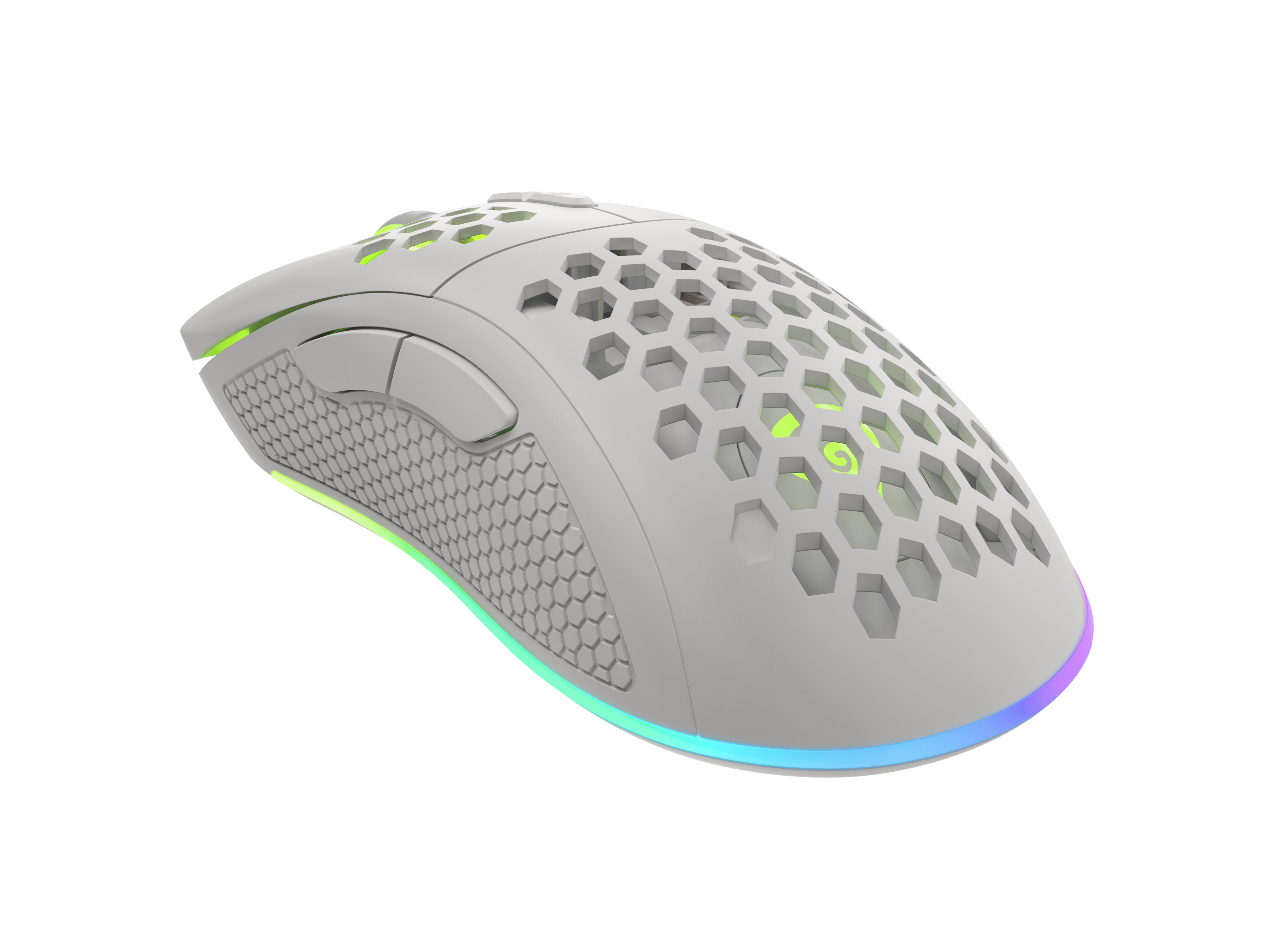 Biała mysz gamingowa z wzorem plastra miodu i oświetleniem RGB.