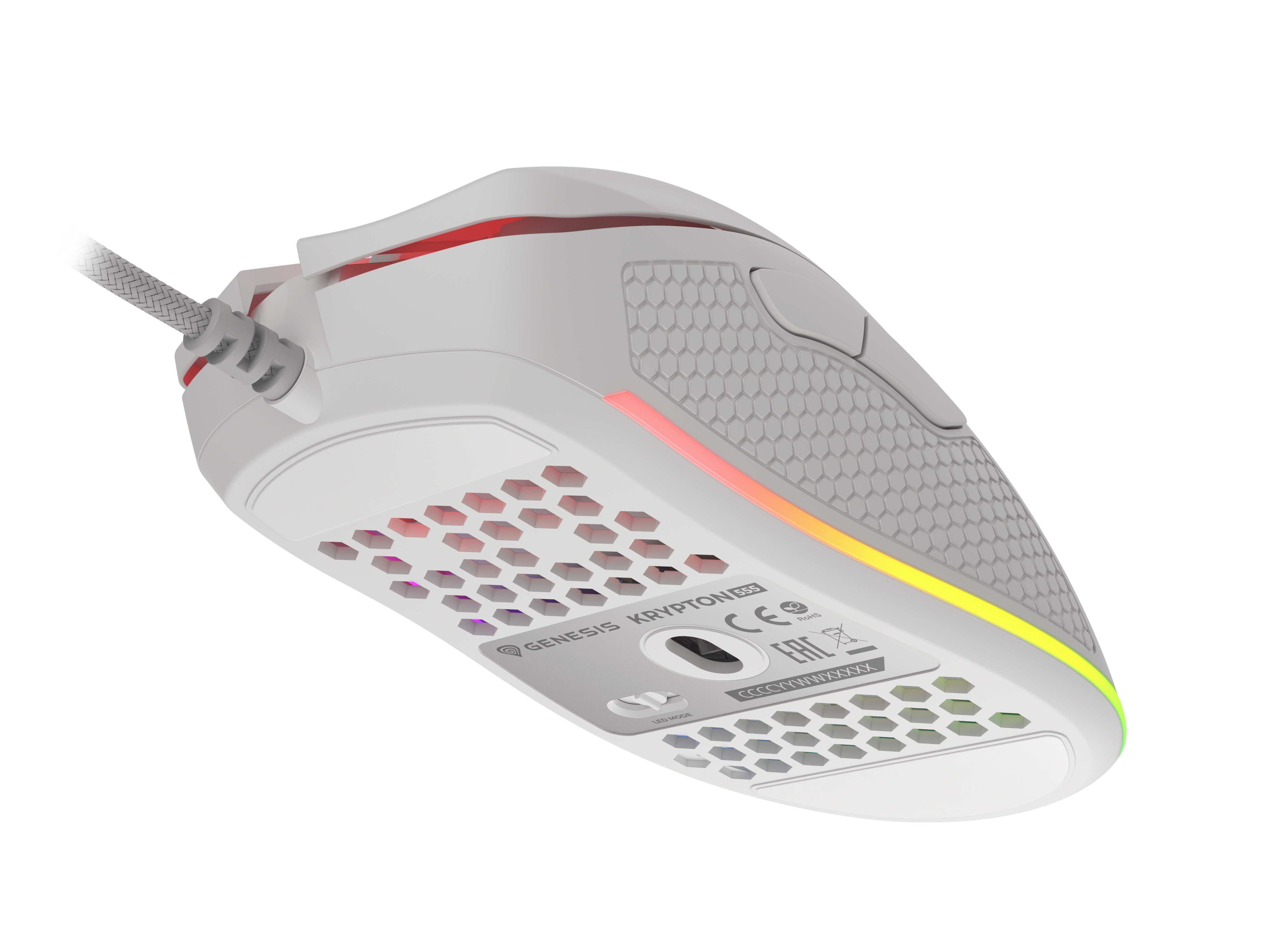Biała mysz gamingowa z podświetleniem RGB, teksturą plastra miodu i plecionym kablem.