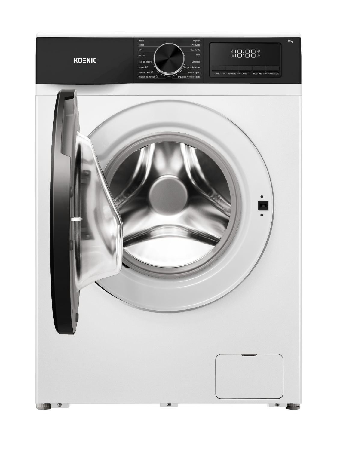 Una lavadora blanca Koenic con la puerta abierta y panel de control.