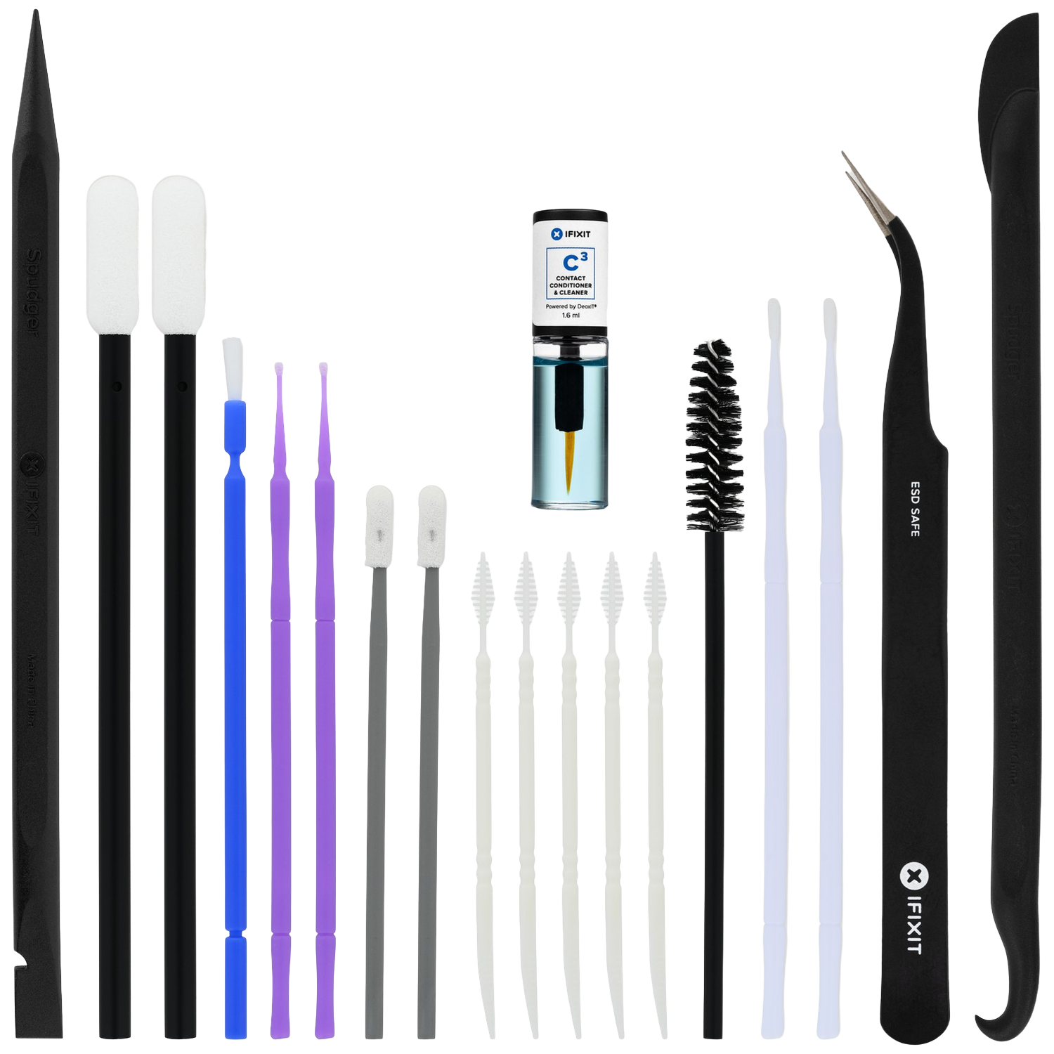 Assortiment van gereedschappen voor elektronicareparatie: spudgers, swabs, pincet, borstel en reiniger.