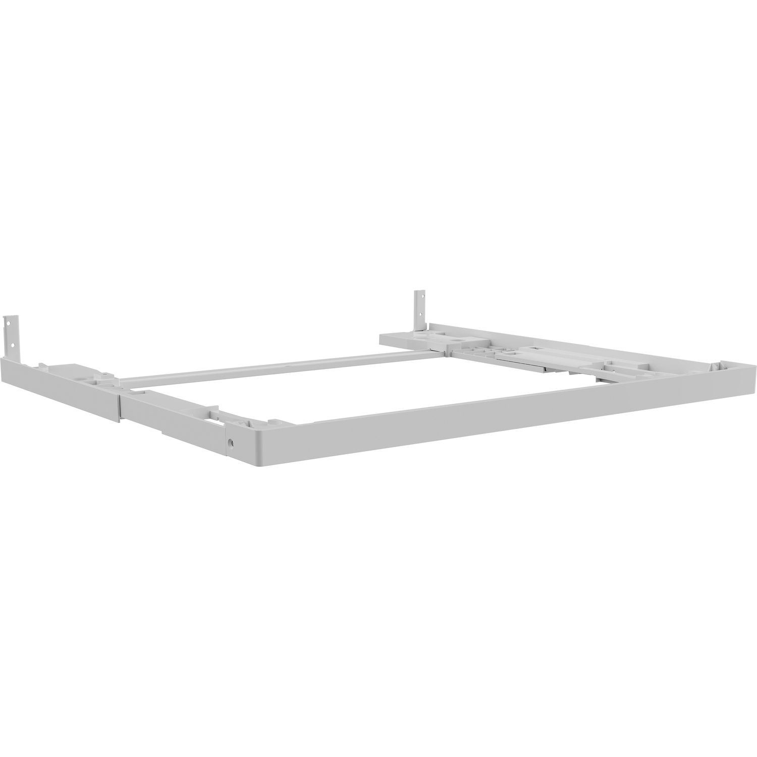 Een wit metalen frame met montagebeugels, van de zijkant getoond.