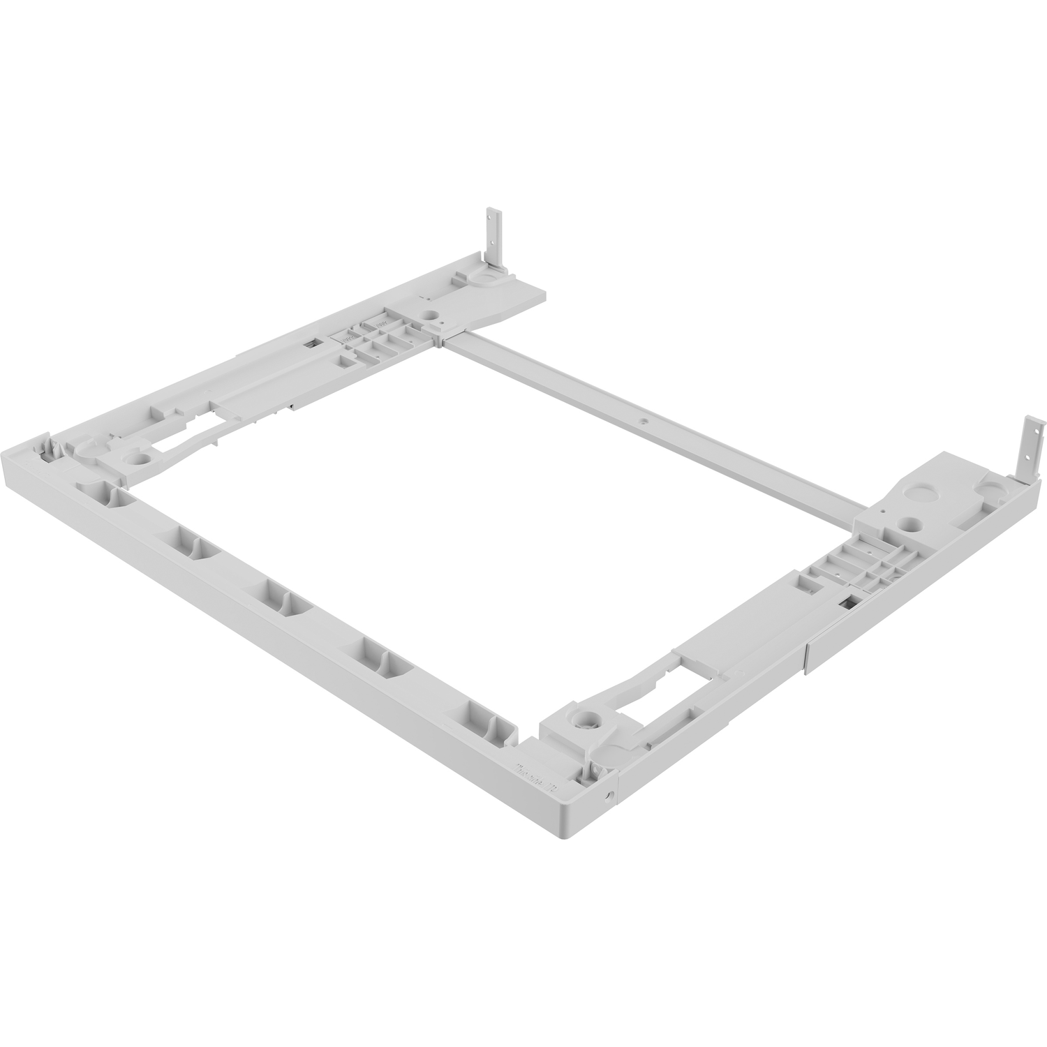Een wit plastic frame met uitsparingen en steunen, geïsoleerd op een witte achtergrond.