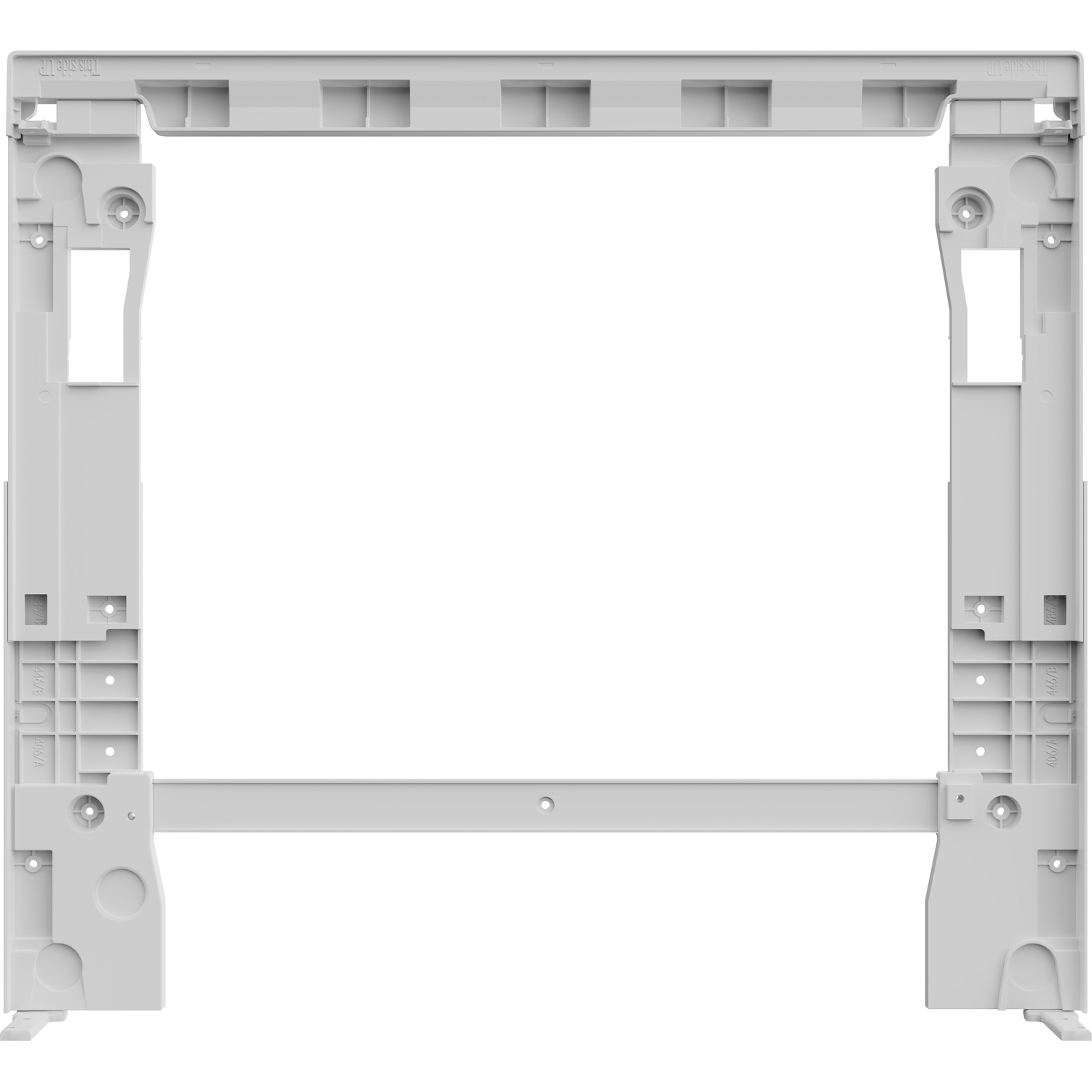 Grijs plastic frame met labels en uitsparingen. Bovenop staat 'This side UP'.