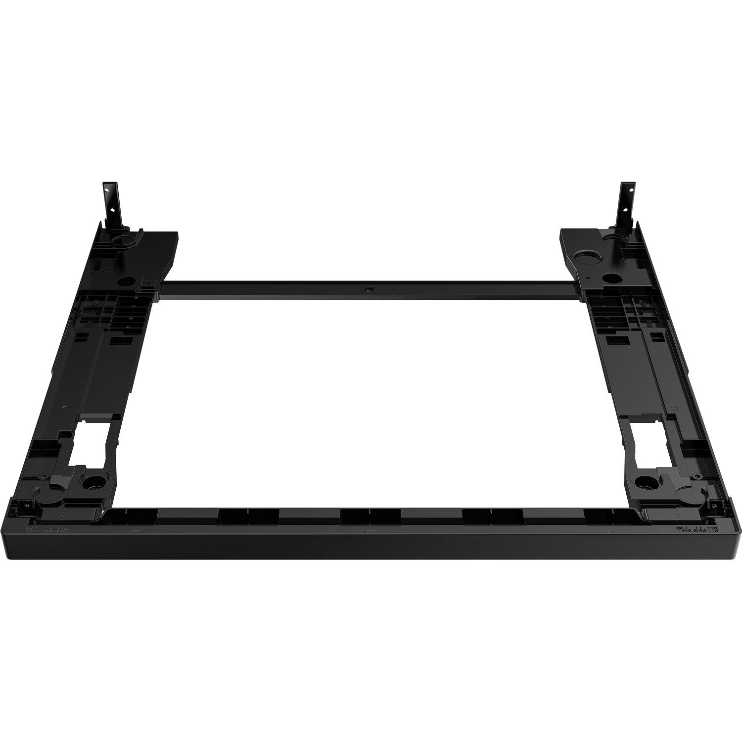 Zwart rechthoekig metalen frame met montage lipjes en uitsparingen.