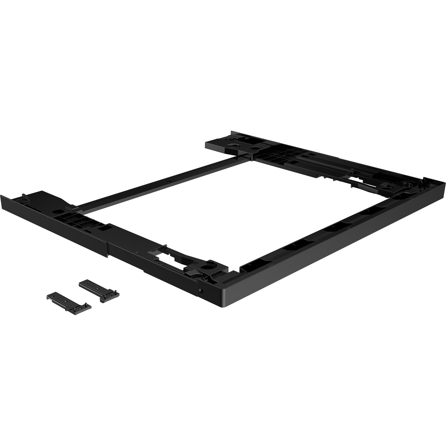 Zwart plastic frame met twee kleine zwarte plastic clips op witte achtergrond.