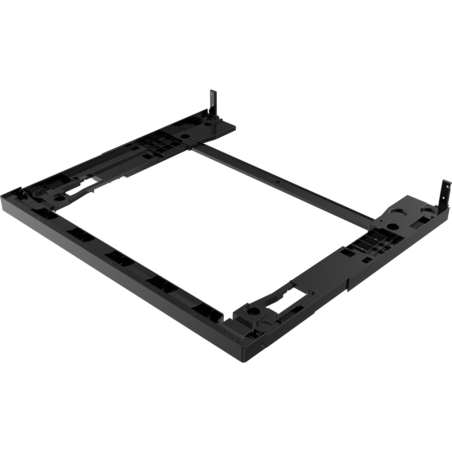 Zwart plastic frame met veel uitsparingen en montagegaten.
