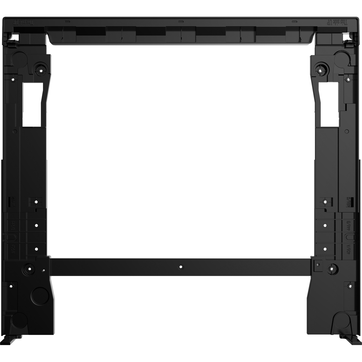 Zwart plastic frame met labels zoals 'This side UP'.