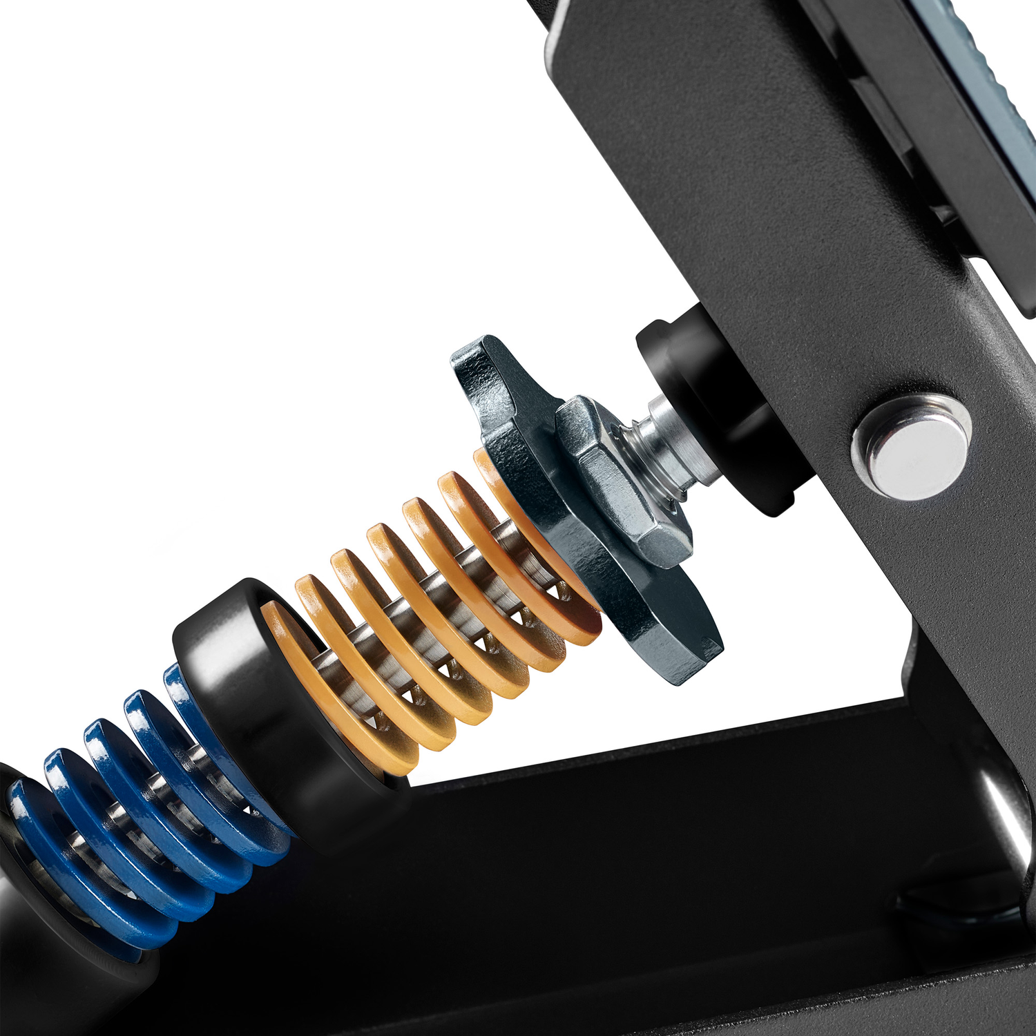 Close-up van blauwe en gele veren met zwarte behuizing en metalen onderdelen.