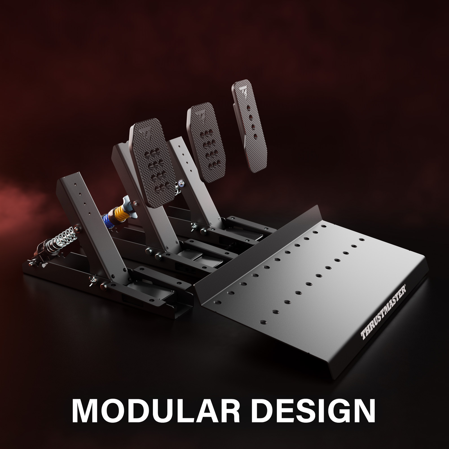 Een zwarte, modulaire pedaalbox met drie pedalen en ophanging voor racegames.