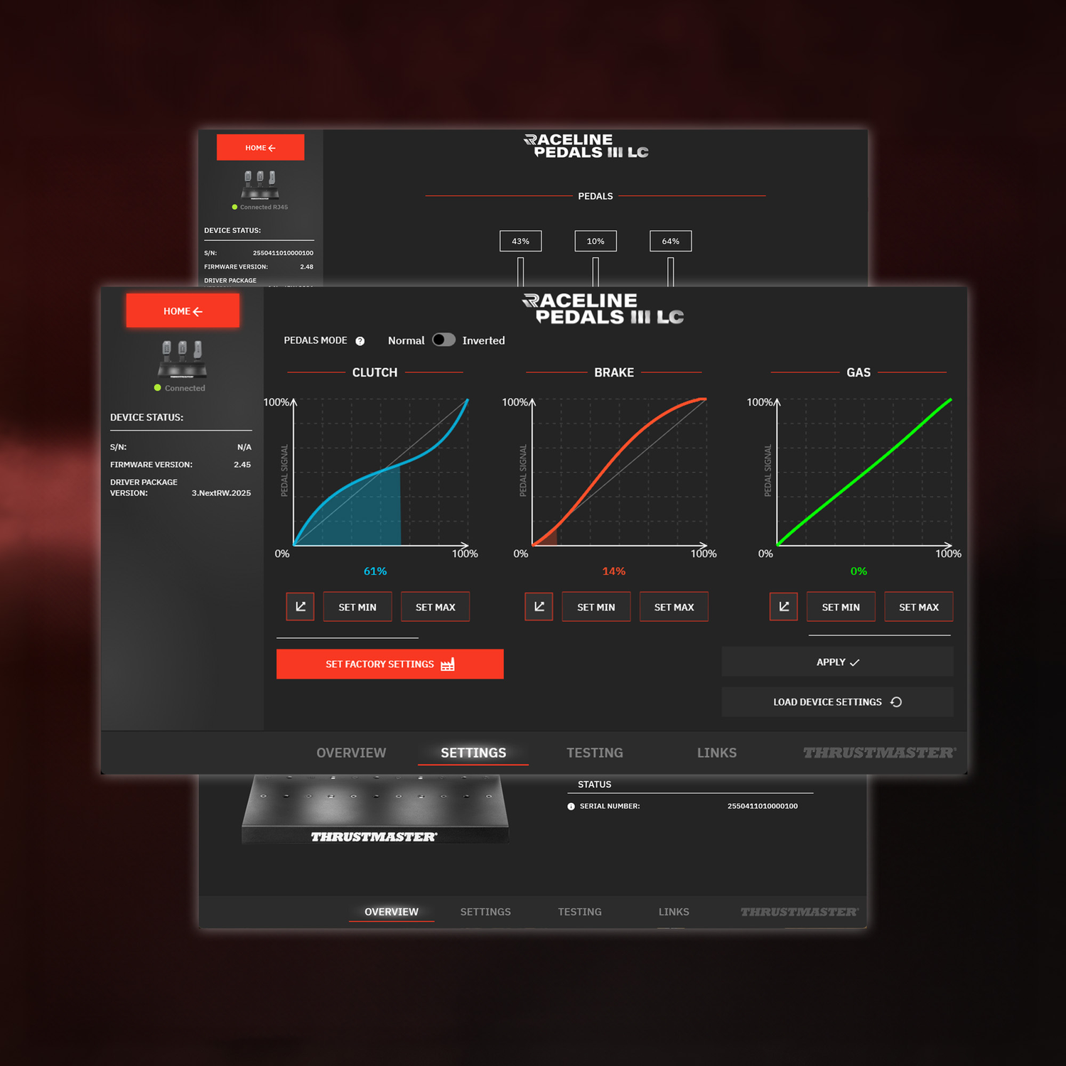 Software-interface met pedaaldiagrammen voor koppeling, rem en gas. Instellingen zijn zichtbaar.