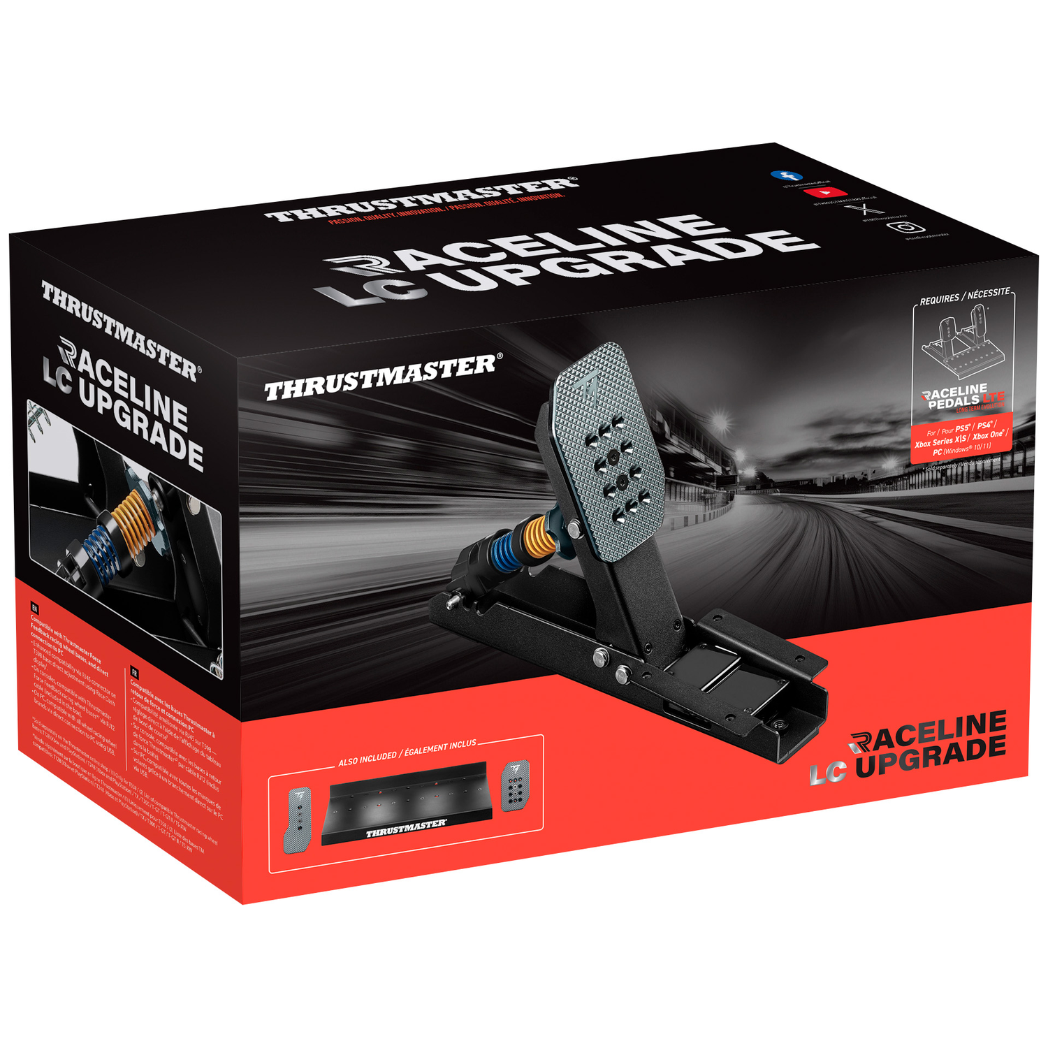 Thrustmaster Raceline LC Upgrade doos met pedalen, racebaan en compatibiliteitsinfo.