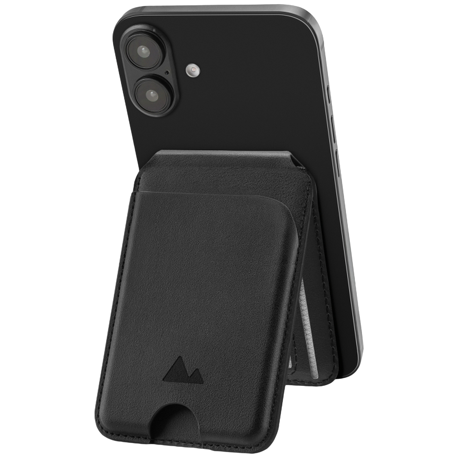 Een zwarte smartphone met een zwarte telefoonhoes die als standaard dient.