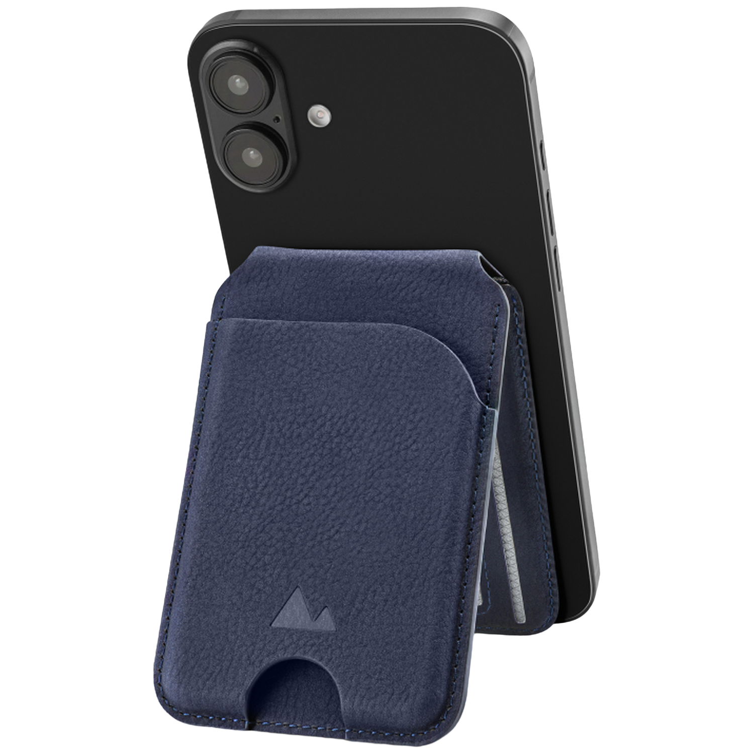 Een zwarte smartphone met een blauwe telefoonhoes die ook als standaard dient.