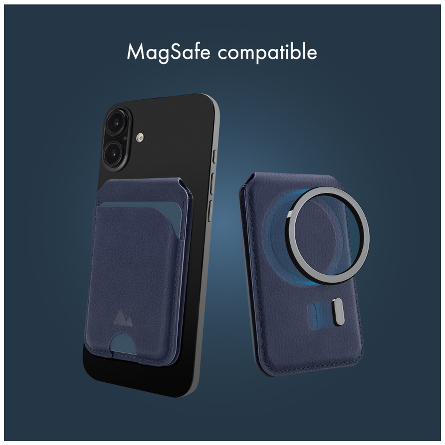 Donkerblauwe telefoonhoes met MagSafe-houder en kaartsleuf.