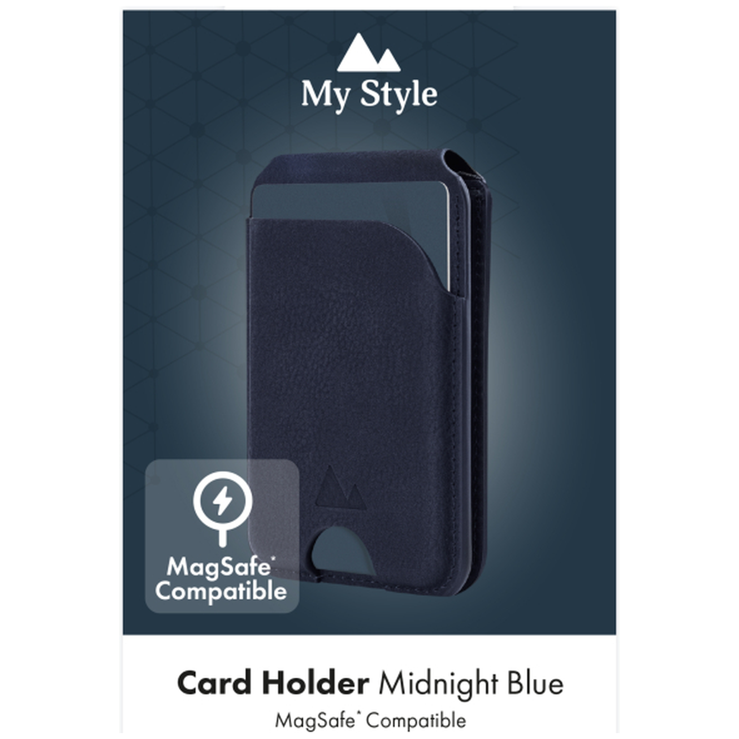 Nachtblauw kaarthouder met MagSafe compatibiliteit en "My Style" logo.