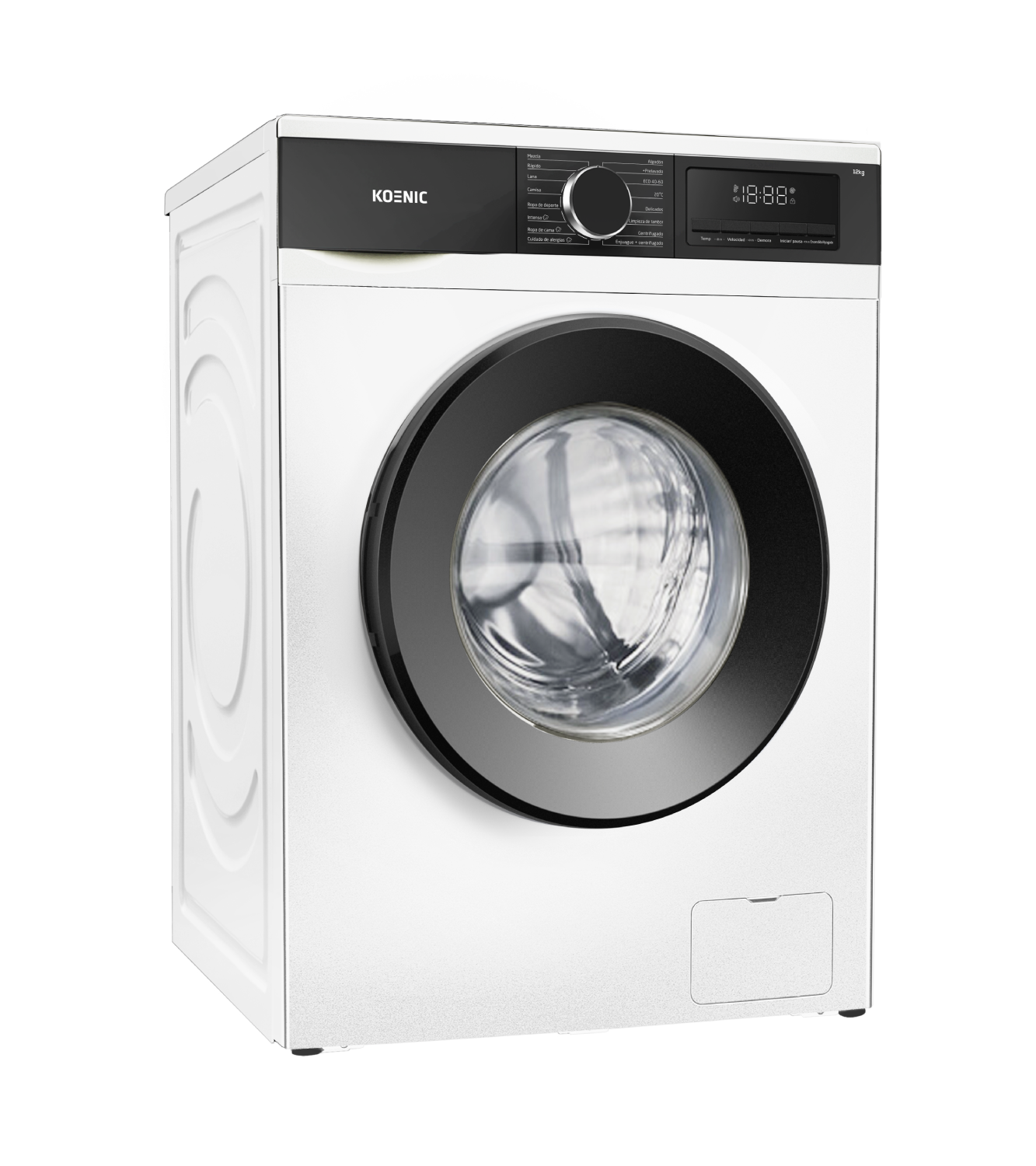 Lavadora blanca con ojo de buey y panel de control negros. Capacidad de 12kg.