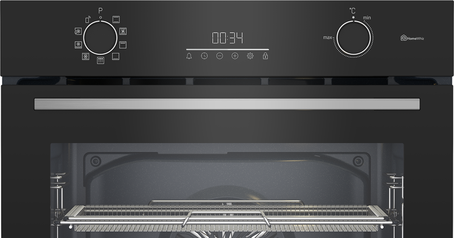 Un horno negro con pantalla digital, mandos y una rejilla interior.