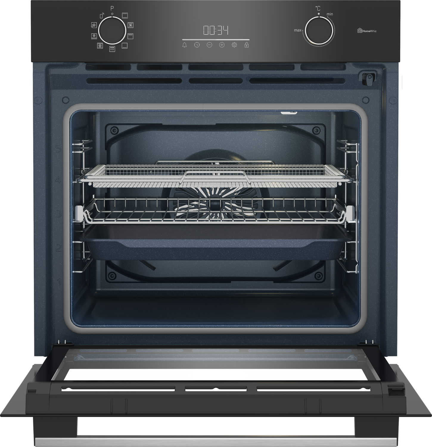 Un horno empotrado moderno y abierto con pantalla digital y una rejilla dentro.