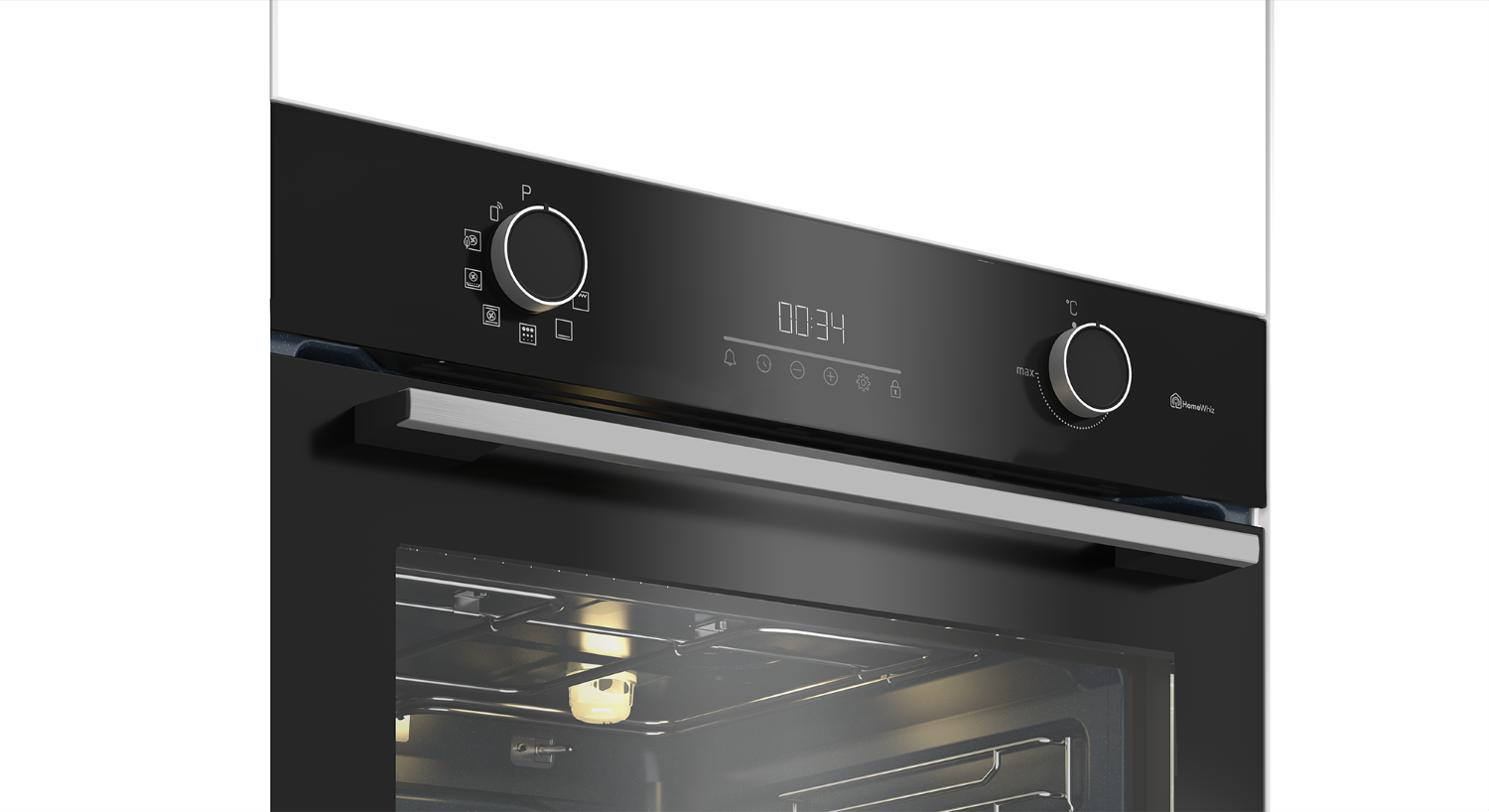 Primer plano de un horno negro con pantalla digital, mandos e interior.