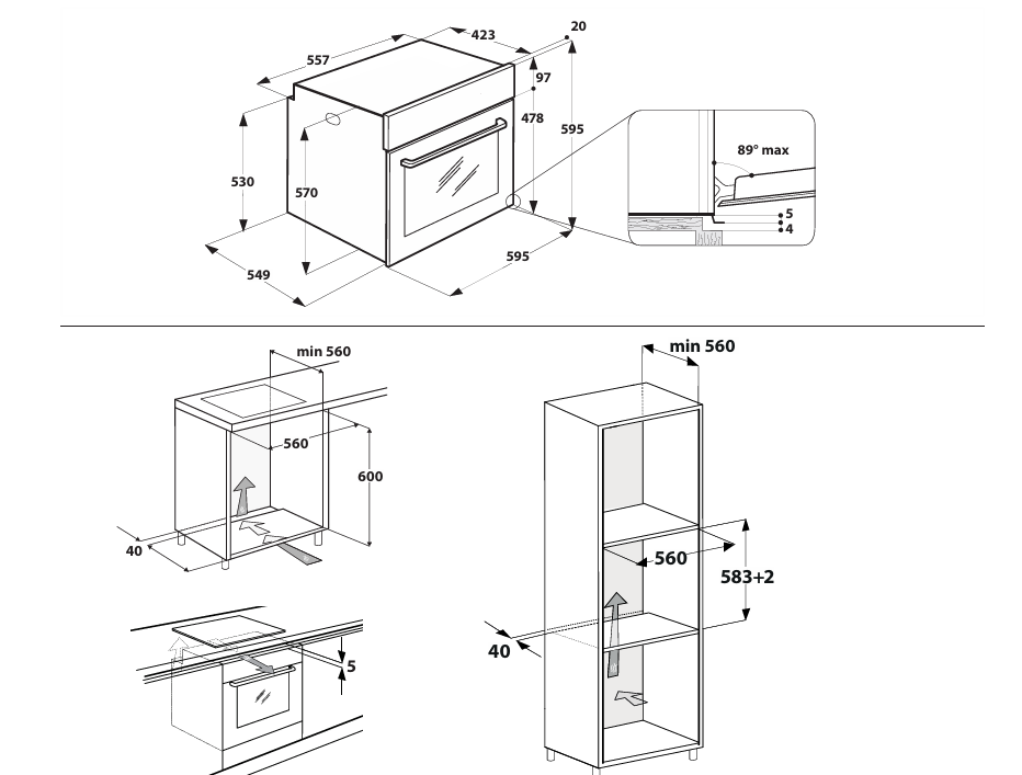 Los diagramas muestran dimensiones de horno empotrado, instalación en armarios y encimera.