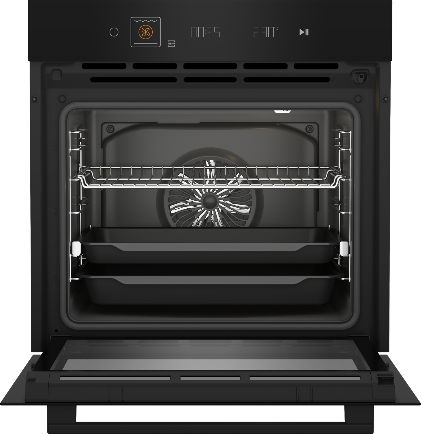 Interior de horno negro abierto con dos bandejas, una rejilla y un ventilador visibles.