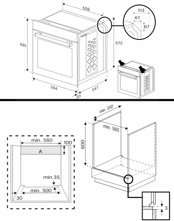 Diagrama que muestra las dimensiones del horno y el espacio de instalación. Incluye medidas detalladas.