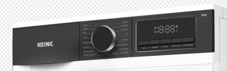 Panel de control de lavadora con dial giratorio y pantalla digital.