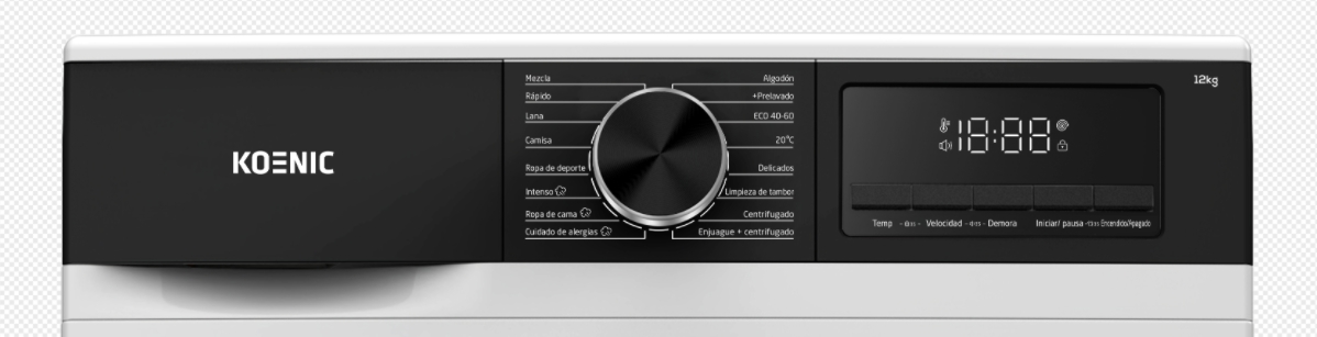 Panel de control de lavadora con dial y pantalla digital.