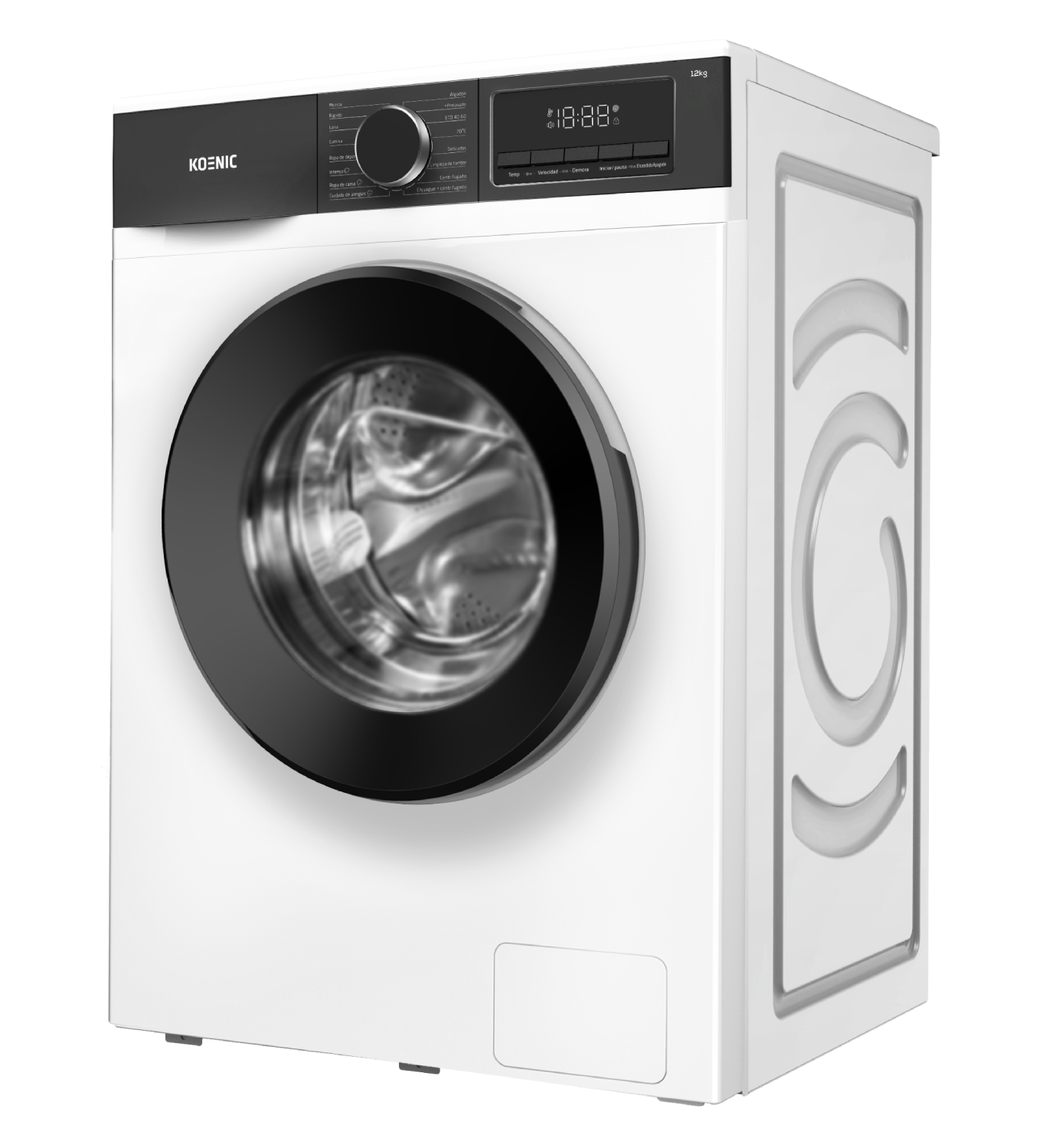 Una lavadora blanca Koenic con puerta negra y panel de control digital.