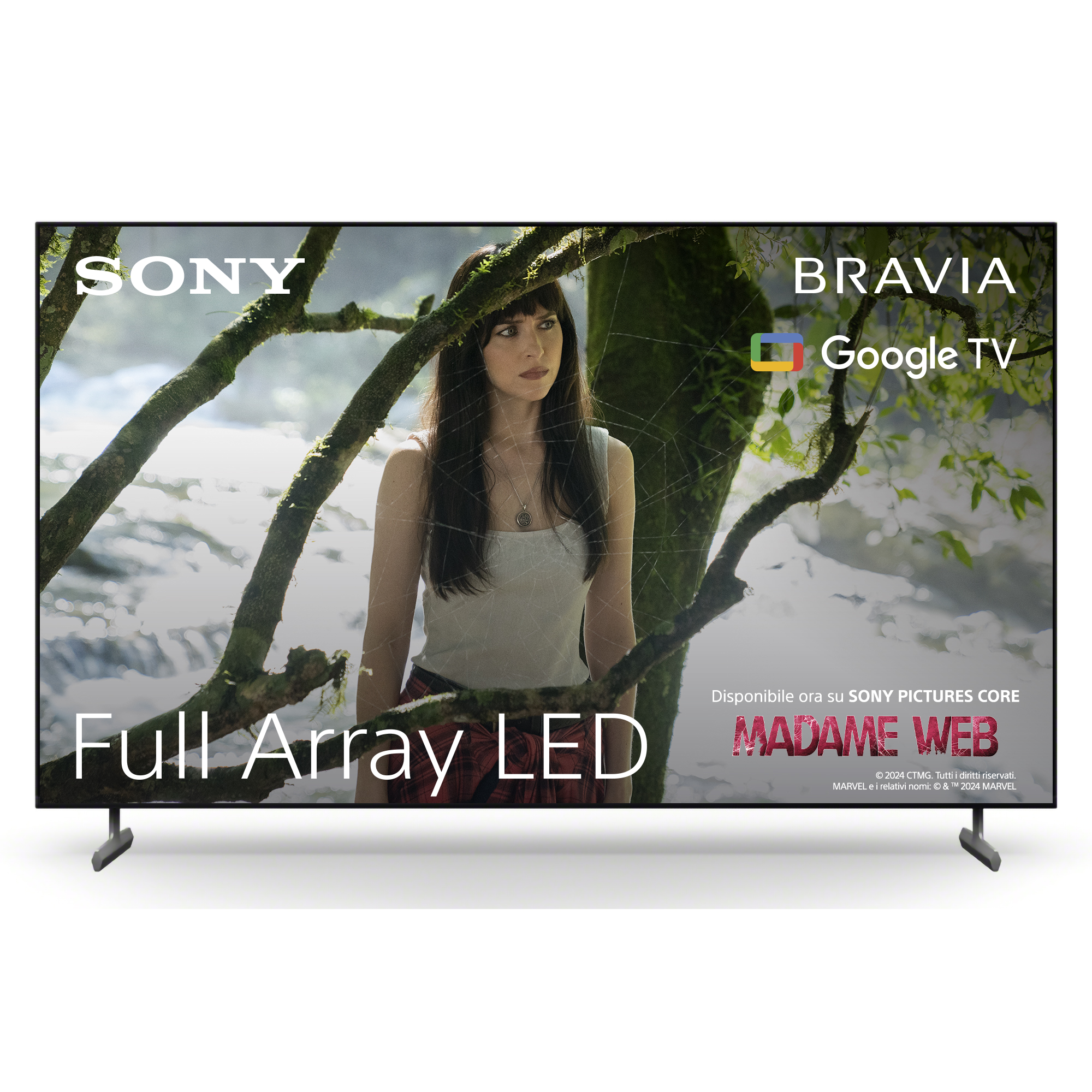 Ekran telewizora Sony Bravia z reklamą Madame Web. Kobieta na pierwszym planie.