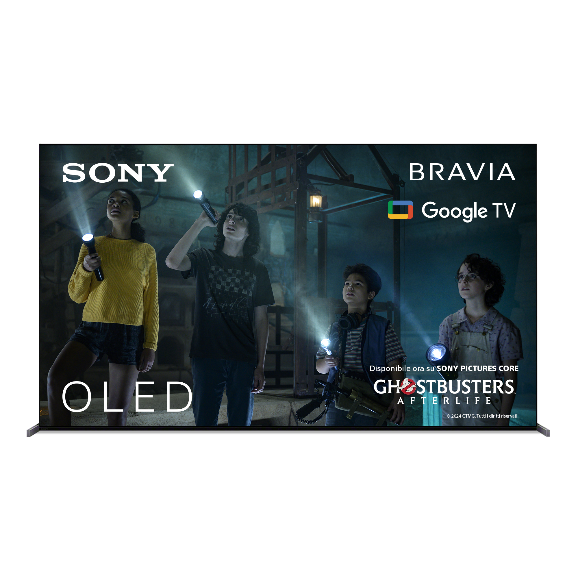 Cztery osoby z latarkami badają ciemną konstrukcję. Sony OLED BRAVIA Google TV.