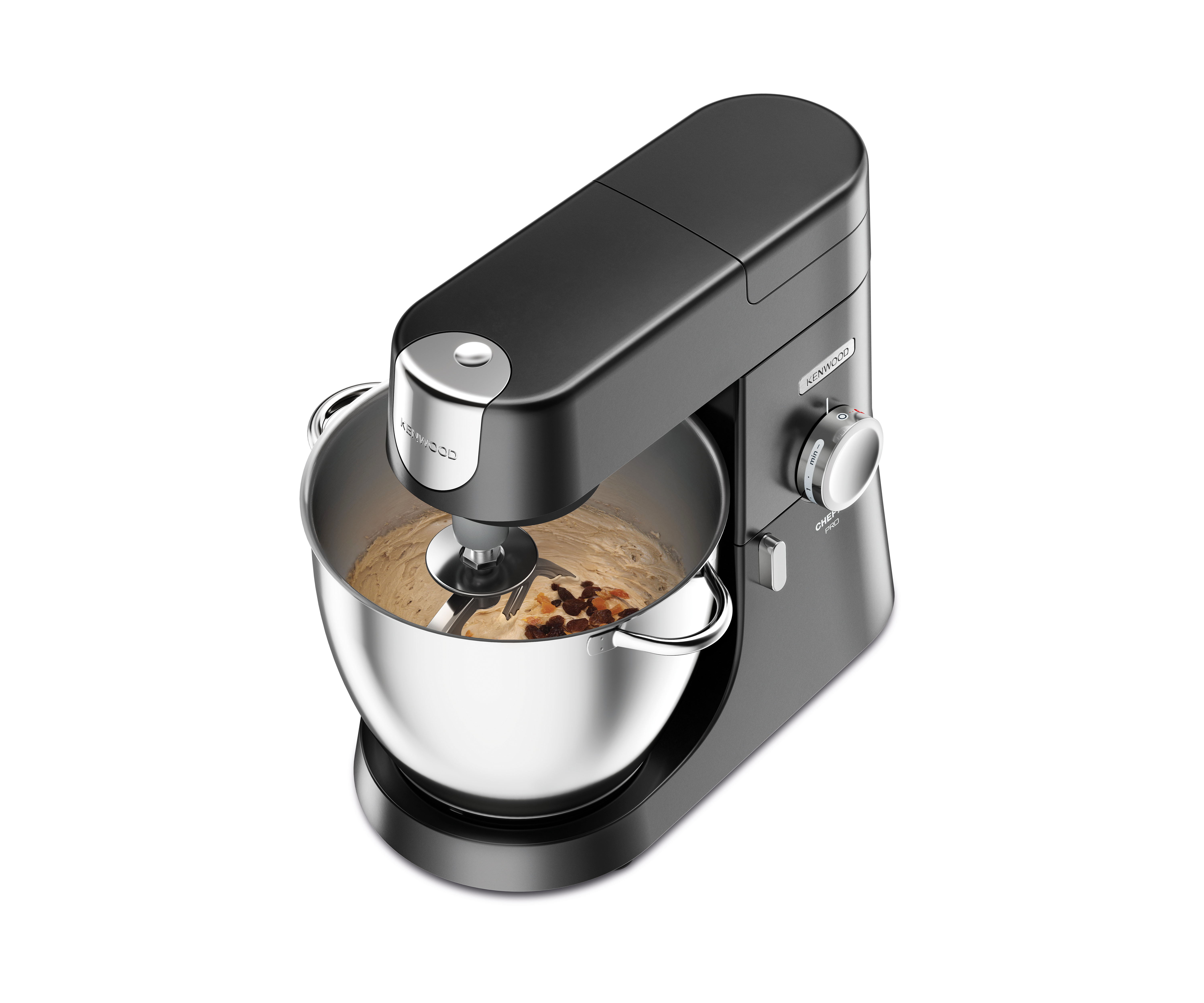 Schwarzer Kenwood Küchenmixer mit Rührschüssel und Teig, auf weißem Hintergrund.