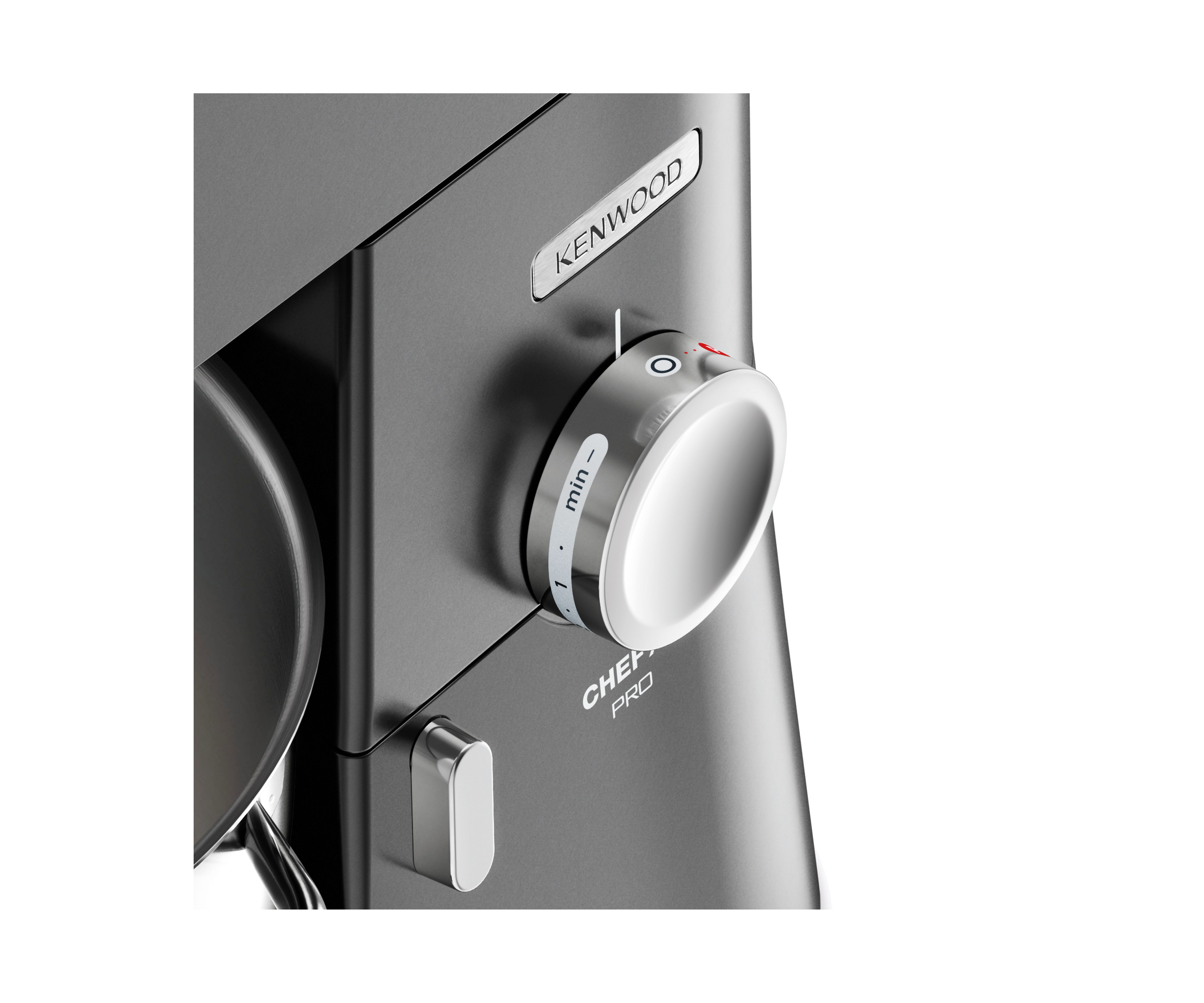 Grauer Kenwood Küchenmaschinen-Nahaufnahme mit silbernem Drehknopf und Bedienelement.